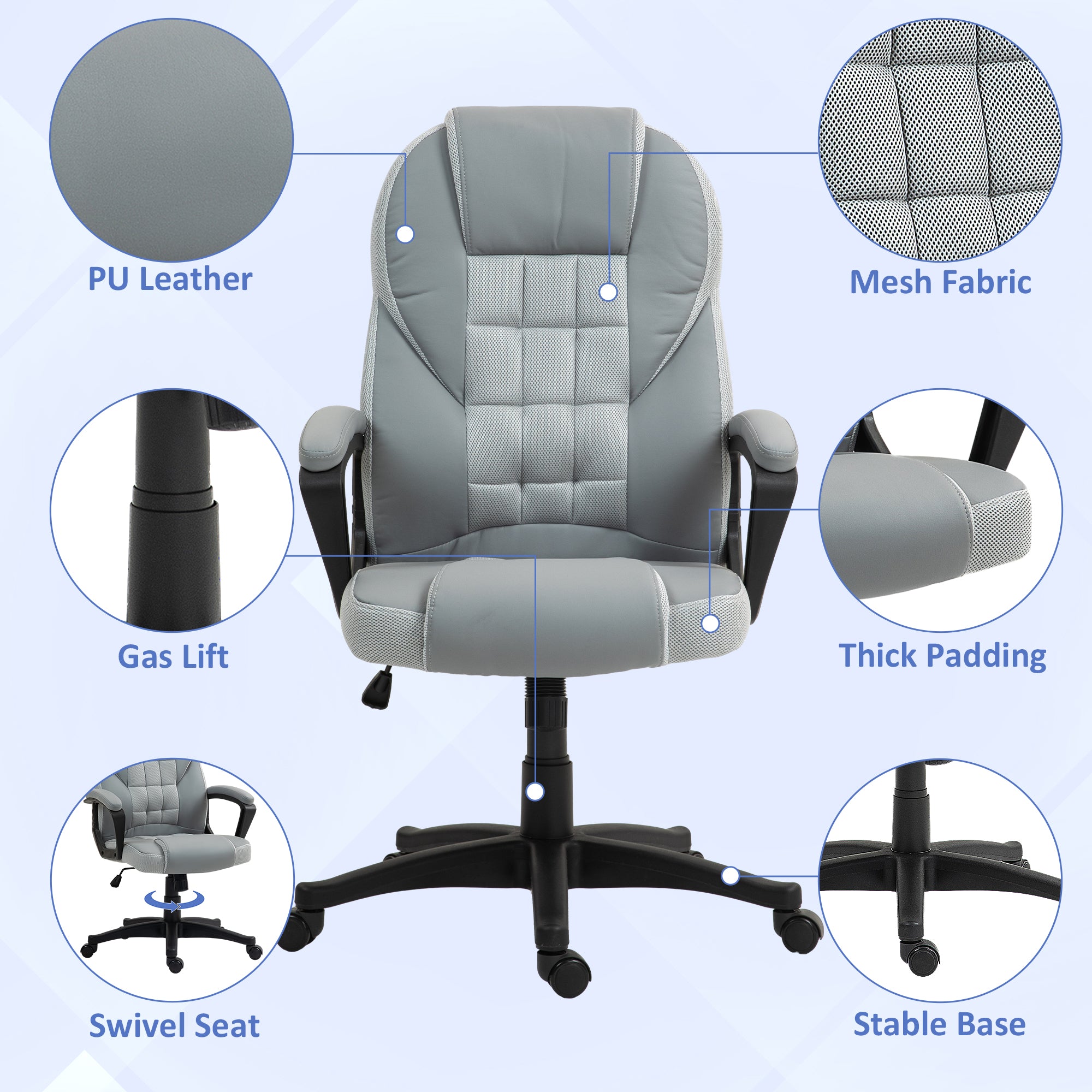 HOMCOM Executive Office Chair, PU Leather High Back Desk Chair, Swivel Computer Chair with Adjustable Height and Tilt Function, Grey