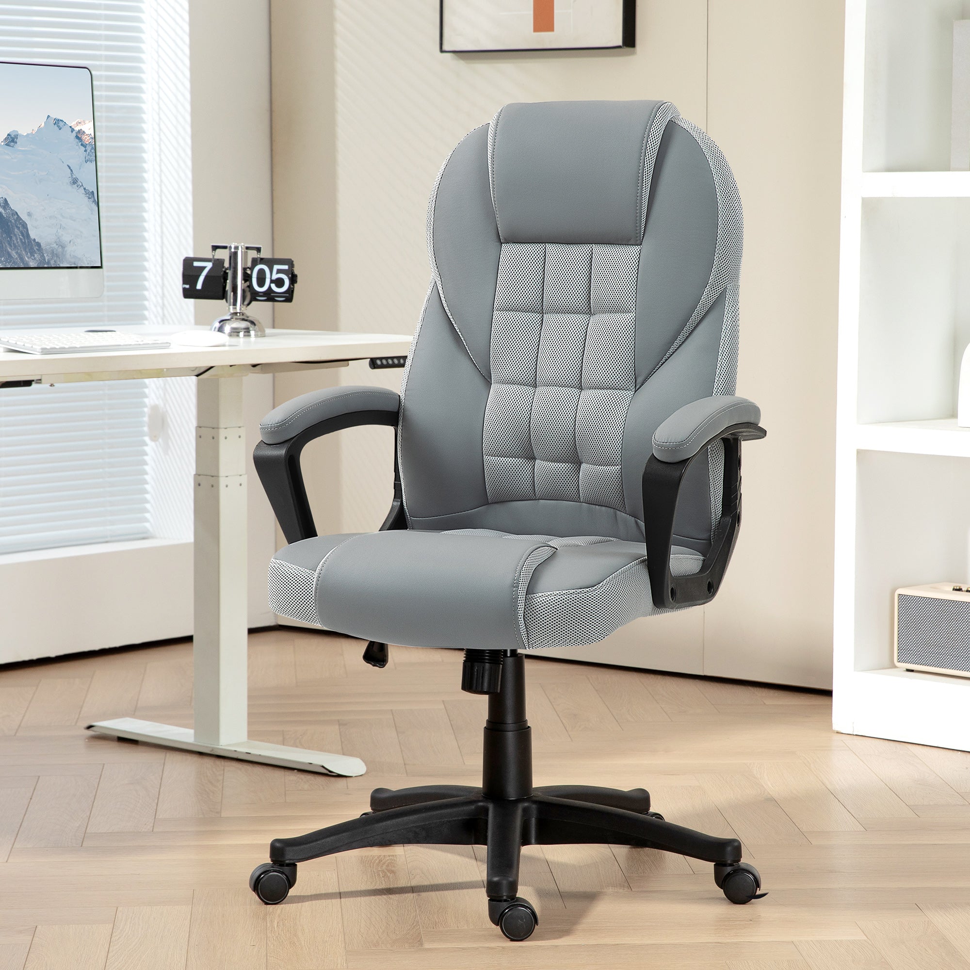 HOMCOM Executive Office Chair, PU Leather High Back Desk Chair, Swivel Computer Chair with Adjustable Height and Tilt Function, Grey