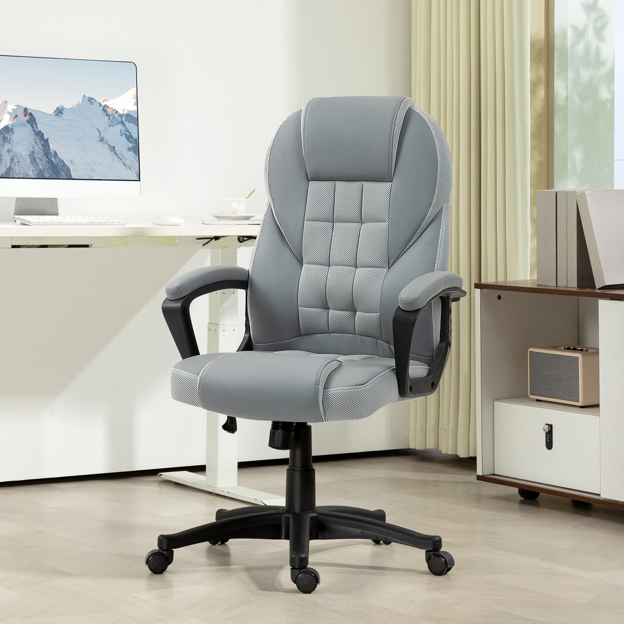 HOMCOM Executive Office Chair, PU Leather High Back Desk Chair, Swivel Computer Chair with Adjustable Height and Tilt Function, Grey