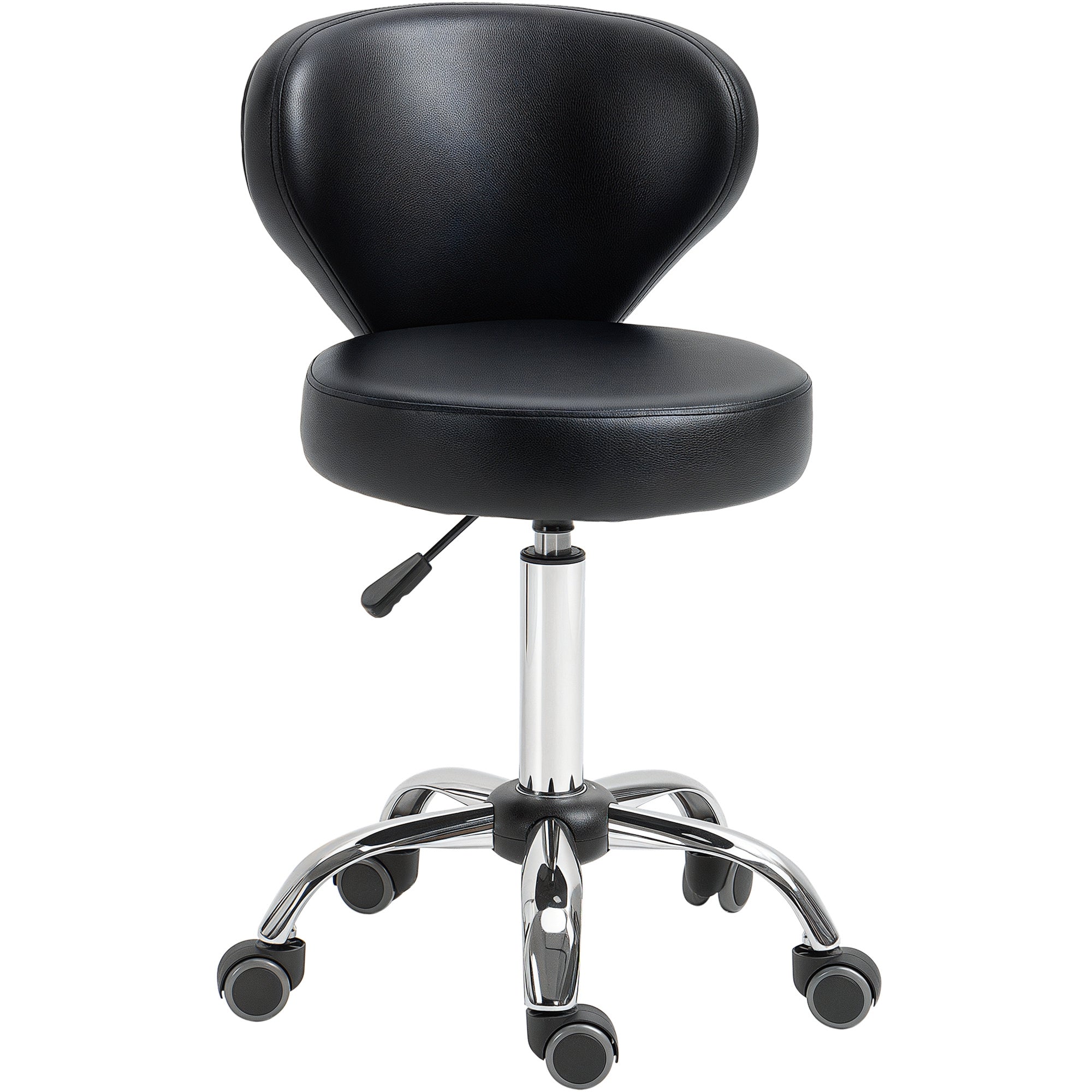 Adjustable Swivel Salon Stool with Backrest and Wheels, Office & Living Room Chair, Synthetic Leather, Black, 17.7" L x 21.3" W x 28.7" - 34.6" H