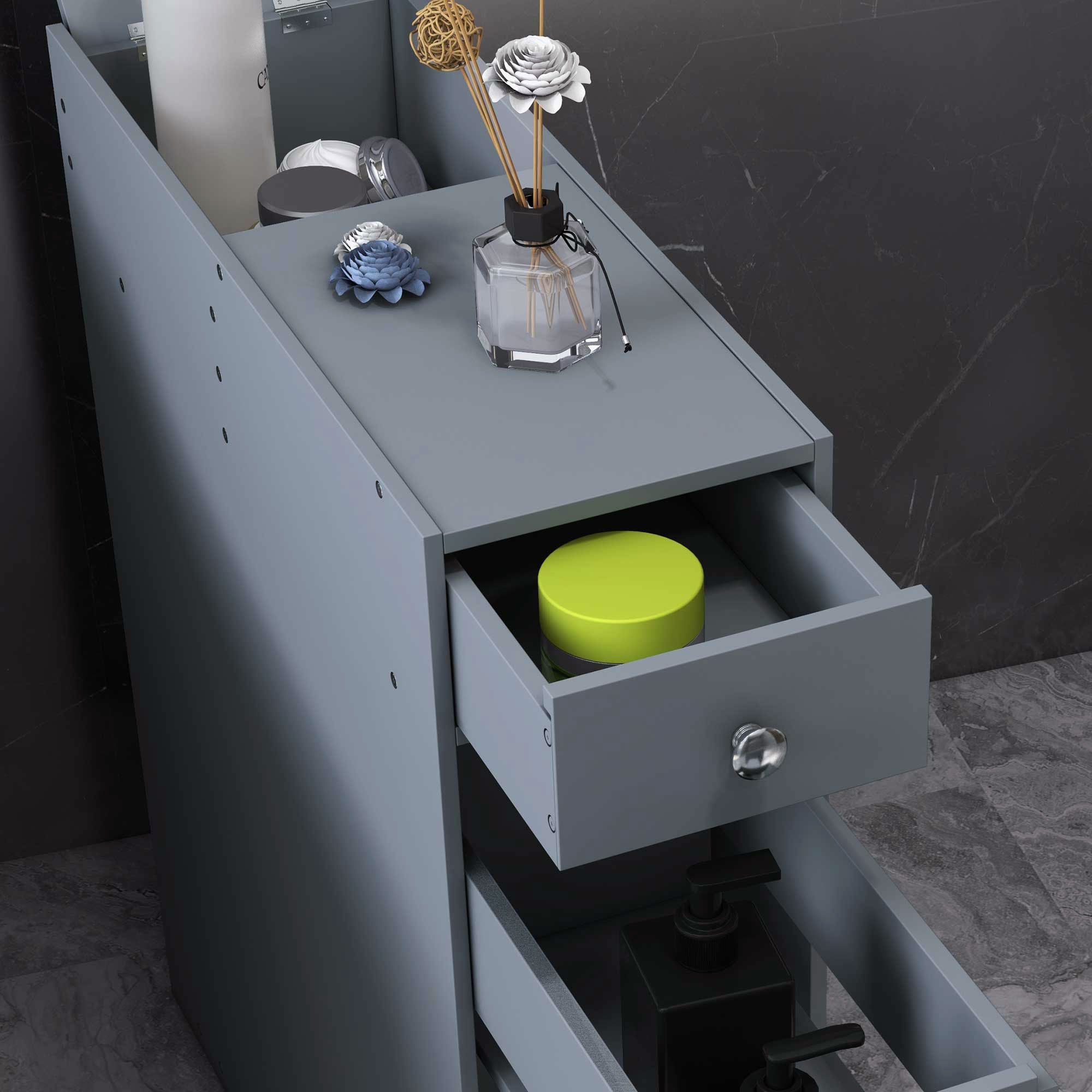Bathroom Floor Organizer, Space Saving Narrow Storage Cabinet with Drawers, Gray