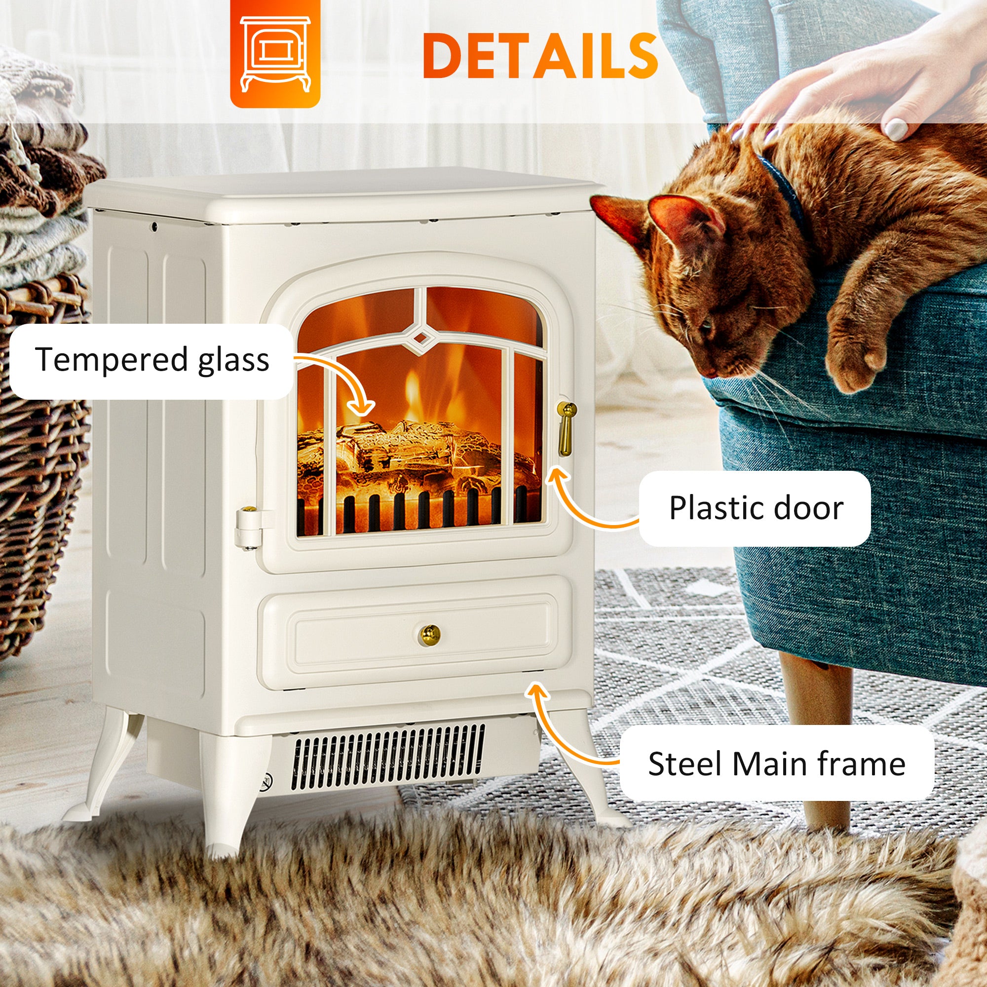 16" Freestanding Electric Fireplace Heater Fire Stove with Wood Burning Flame 750/1500W Beige