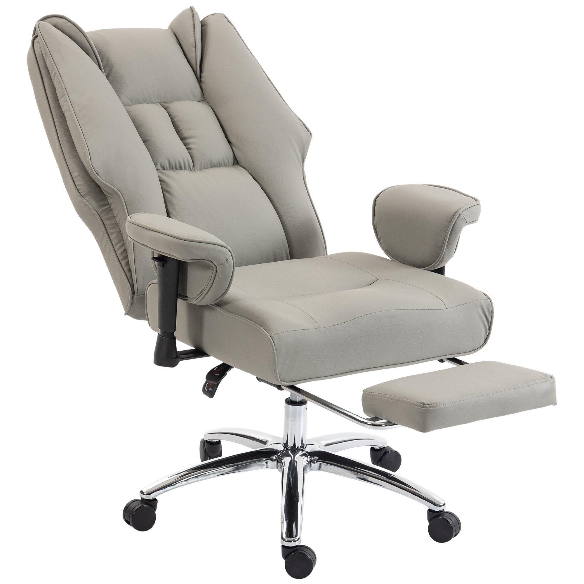 Ergonomic Executive Office Chair with Foot Rest, Reclining Swivel Computer Desk Chair with Adjustable Armrests, Spring Seat, High Back, Thick Cushion, Pet Friendly Faux Leather, Light Gray