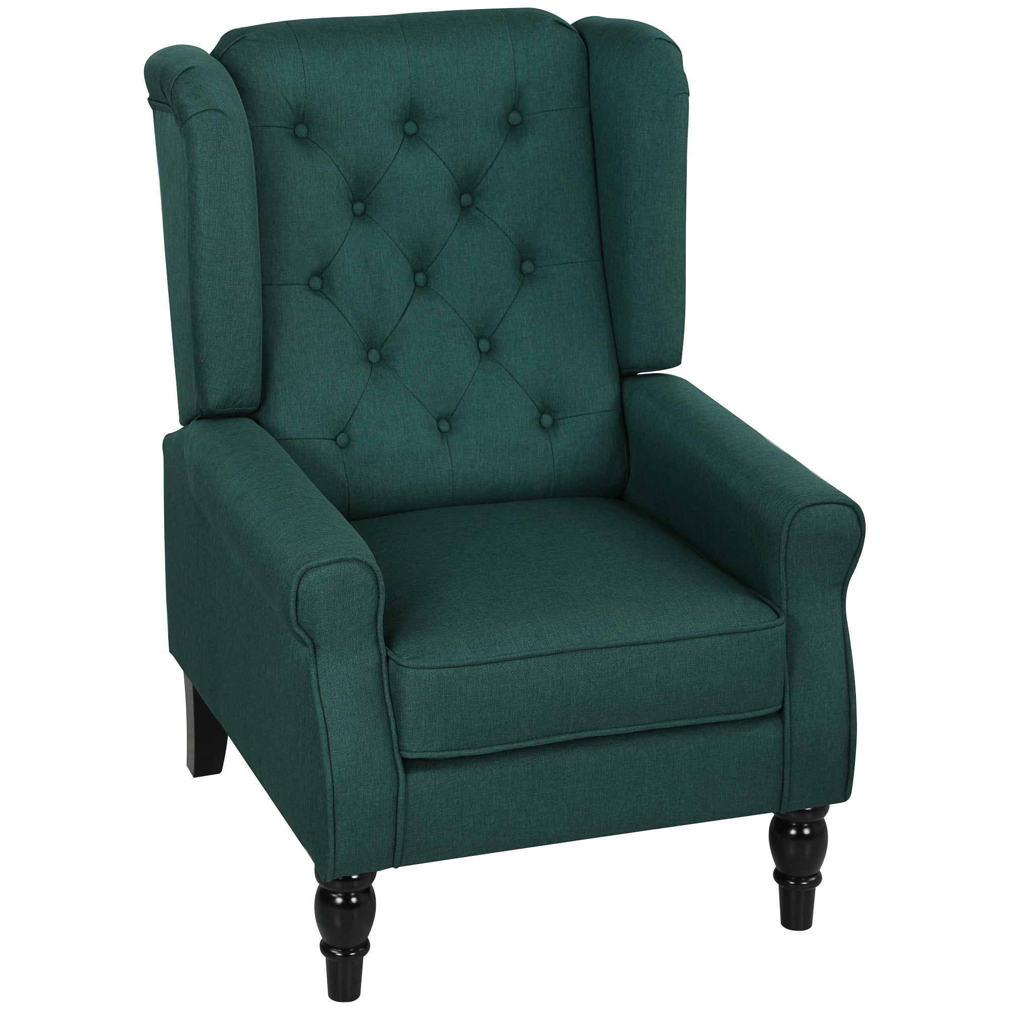 Retro Accent Chair, Linen Wingback Armchair with Wood Frame Button Tufted Design for Living Room Bedroom, Dark Green