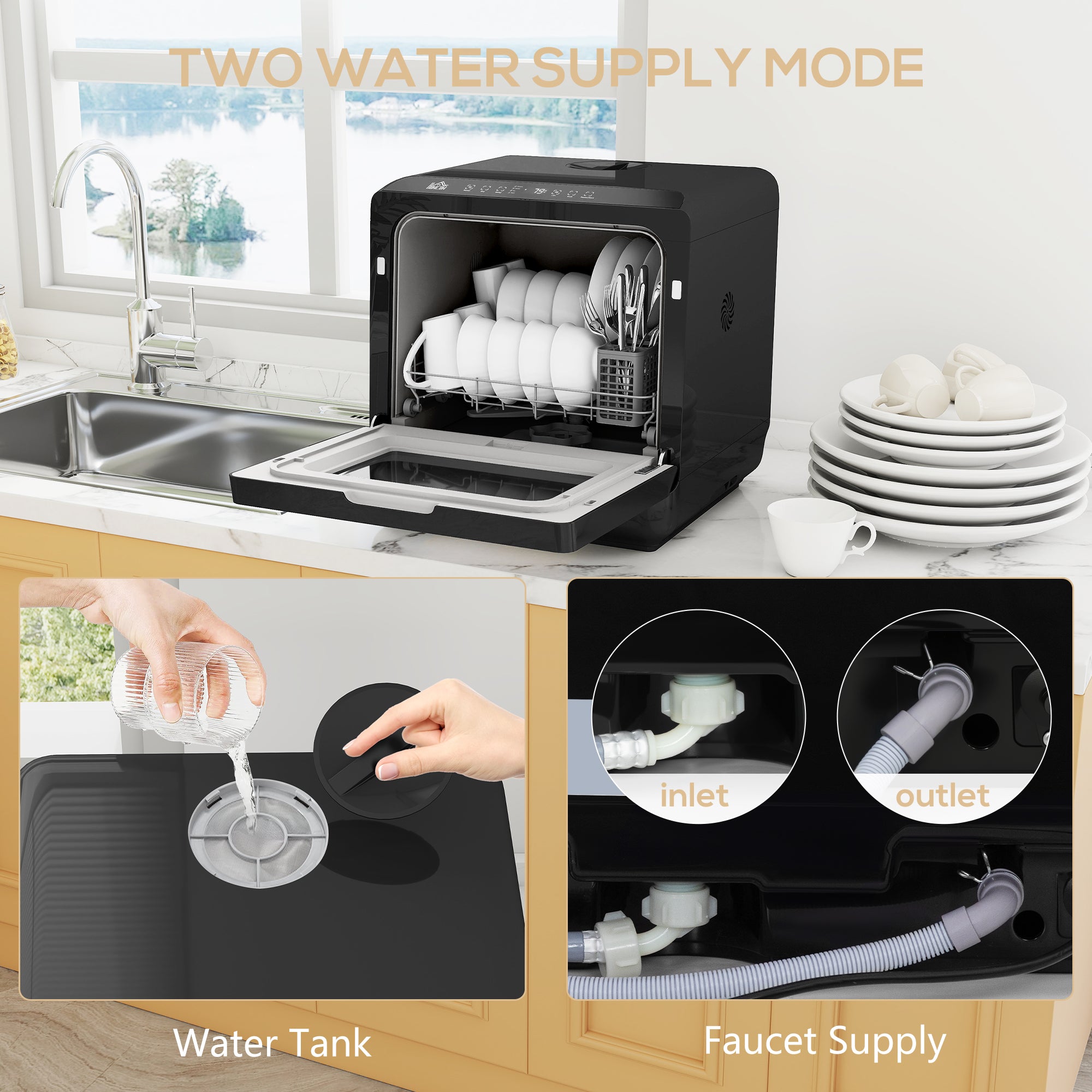 Table Top Dishwasher, Mini Countertop Dishwasher No Plumbing with Built-in 6L Water Tank, 6 Programs, Touch Control, LED Display, 4 Place Settings, Dual Water Supply and Fruit Wash, Black