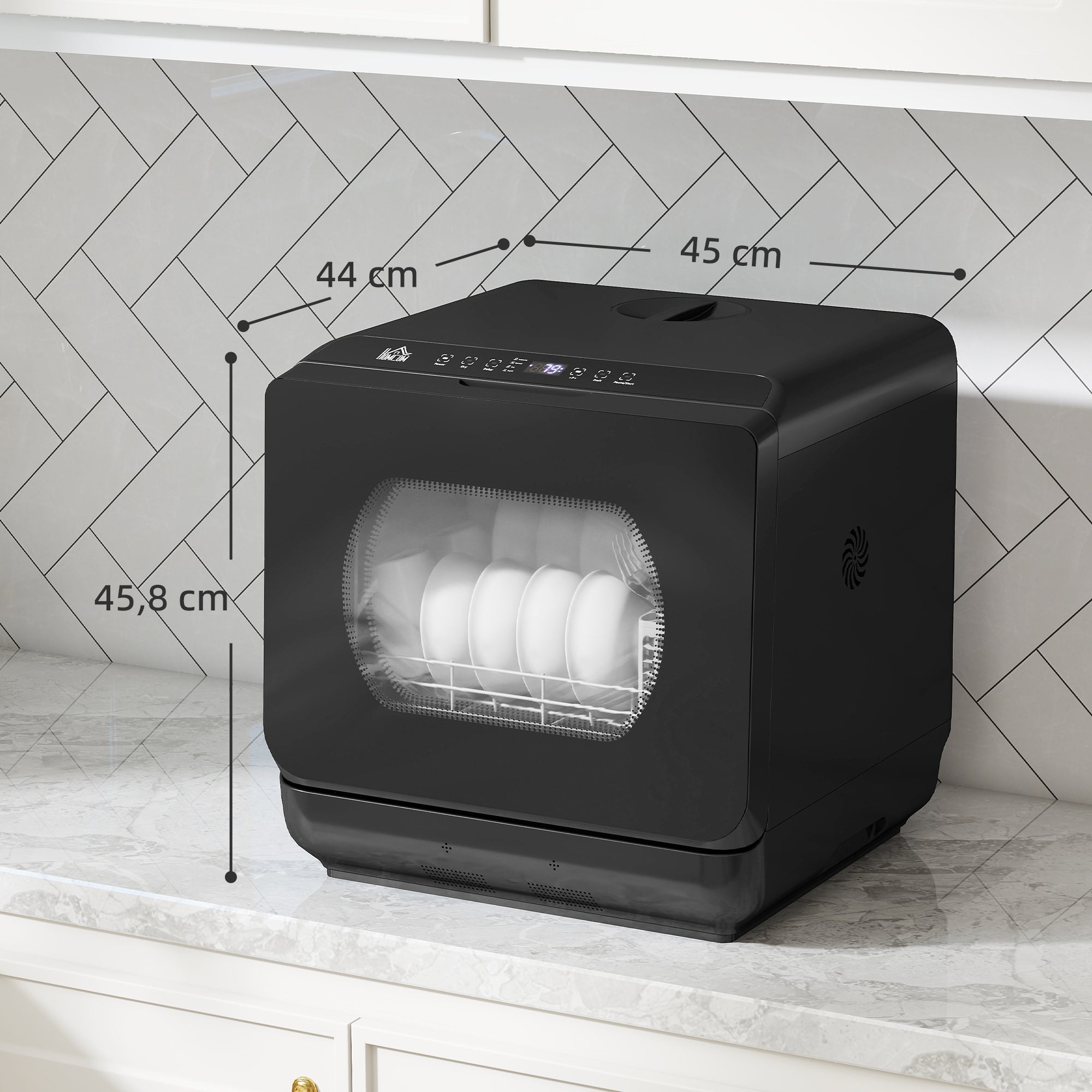 Table Top Dishwasher, Mini Countertop Dishwasher No Plumbing with Built-in 6L Water Tank, 6 Programs, Touch Control, LED Display, 4 Place Settings, Dual Water Supply and Fruit Wash, Black