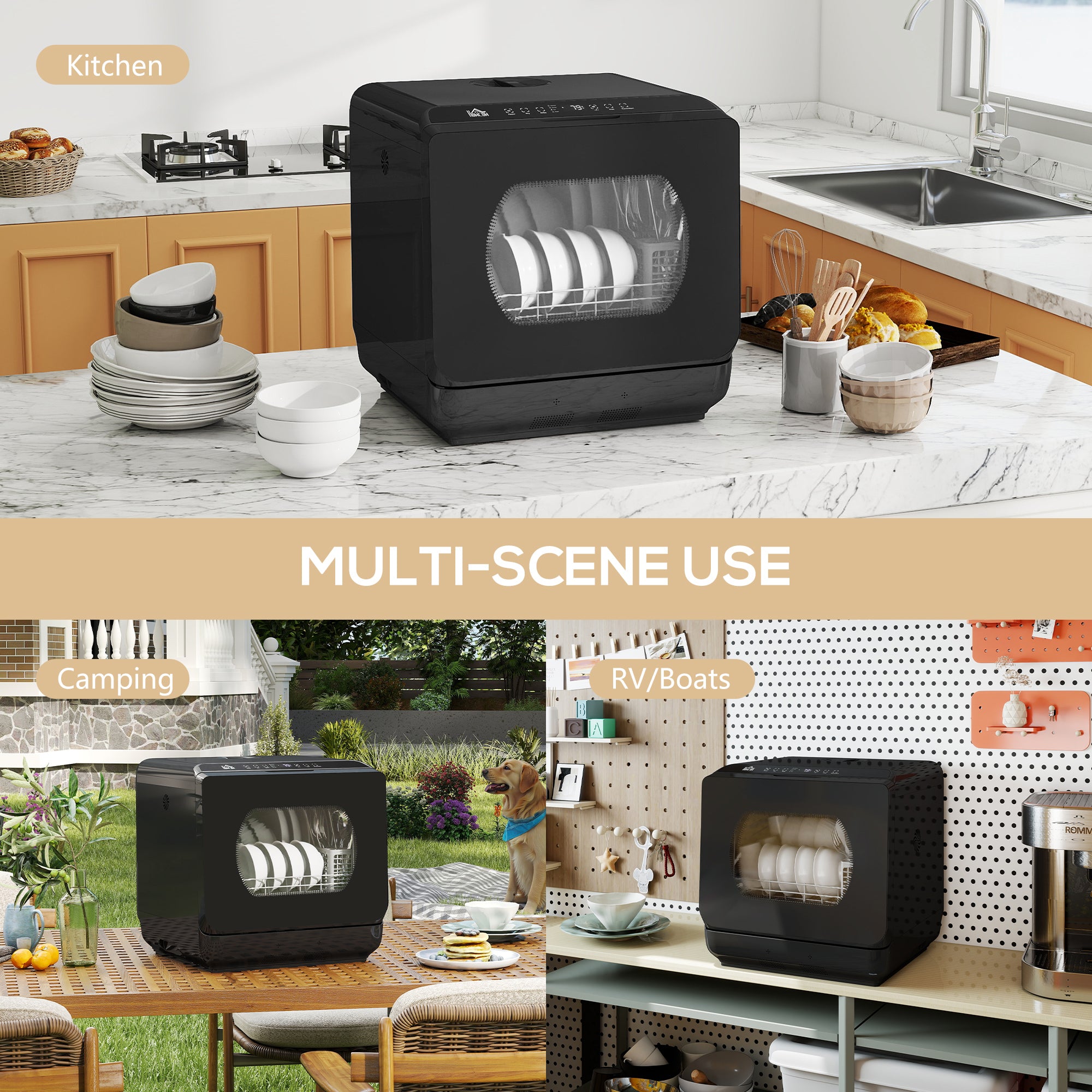 Table Top Dishwasher, Mini Countertop Dishwasher No Plumbing with Built-in 6L Water Tank, 6 Programs, Touch Control, LED Display, 4 Place Settings, Dual Water Supply and Fruit Wash, Black