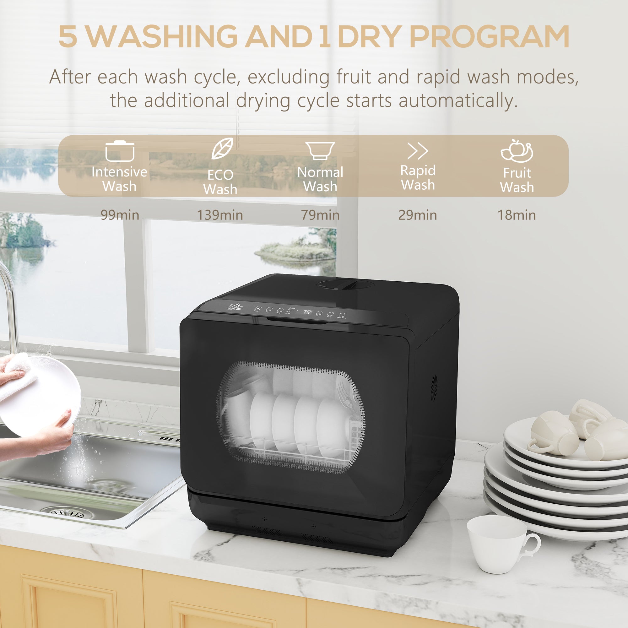Table Top Dishwasher, Mini Countertop Dishwasher No Plumbing with Built-in 6L Water Tank, 6 Programs, Touch Control, LED Display, 4 Place Settings, Dual Water Supply and Fruit Wash, Black