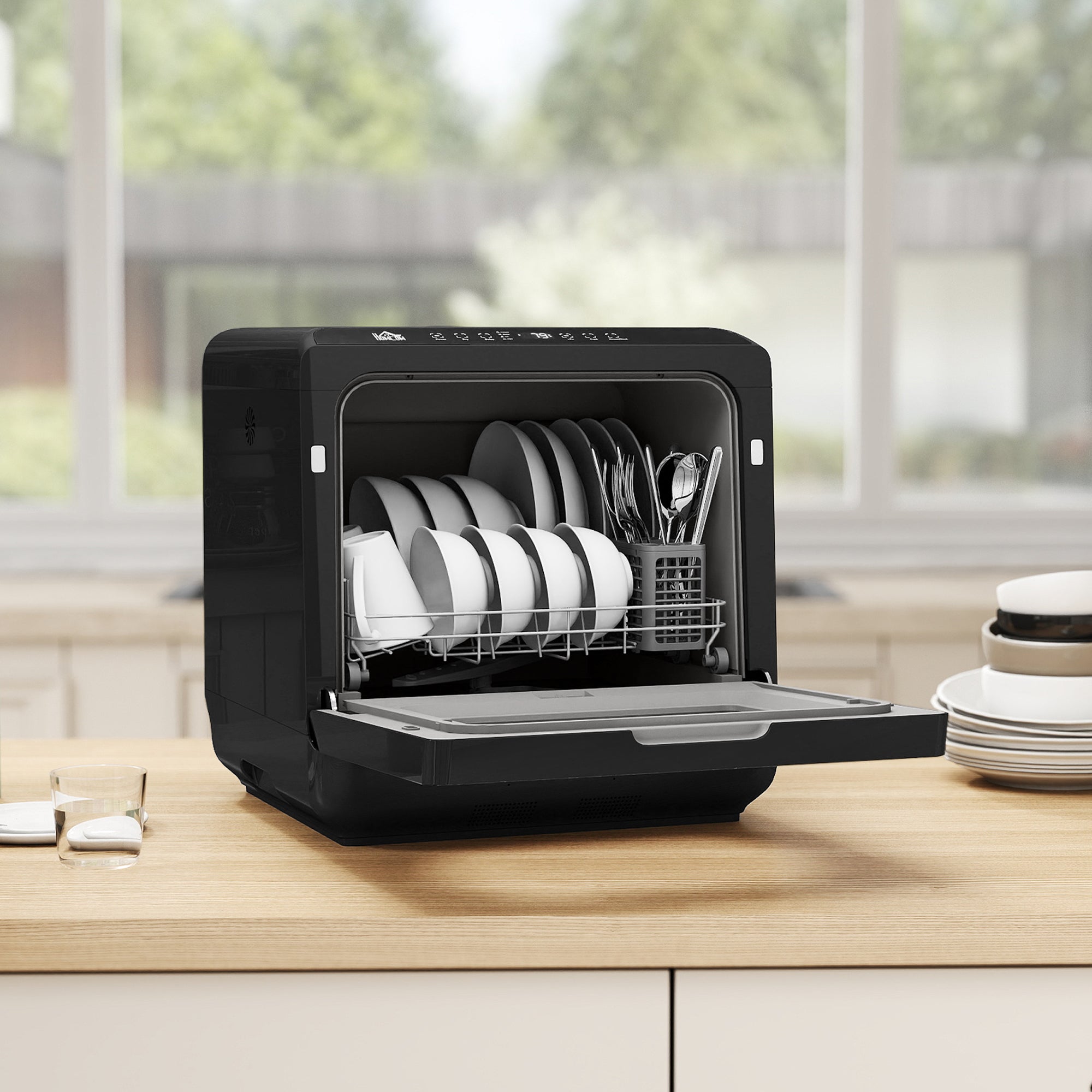 Table Top Dishwasher, Mini Countertop Dishwasher No Plumbing with Built-in 6L Water Tank, 6 Programs, Touch Control, LED Display, 4 Place Settings, Dual Water Supply and Fruit Wash, Black