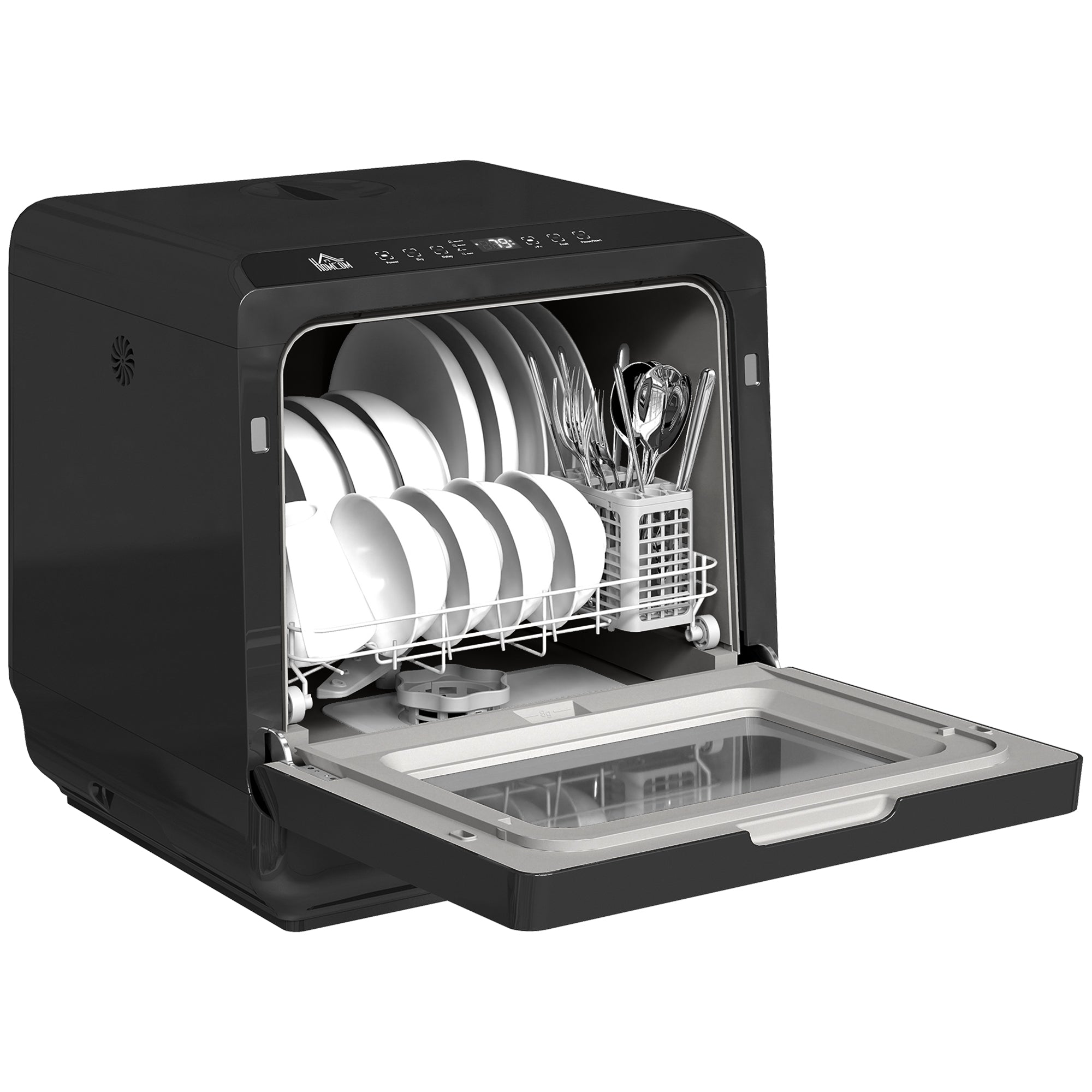 Table Top Dishwasher, Mini Countertop Dishwasher No Plumbing with Built-in 6L Water Tank, 6 Programs, Touch Control, LED Display, 4 Place Settings, Dual Water Supply and Fruit Wash, Black