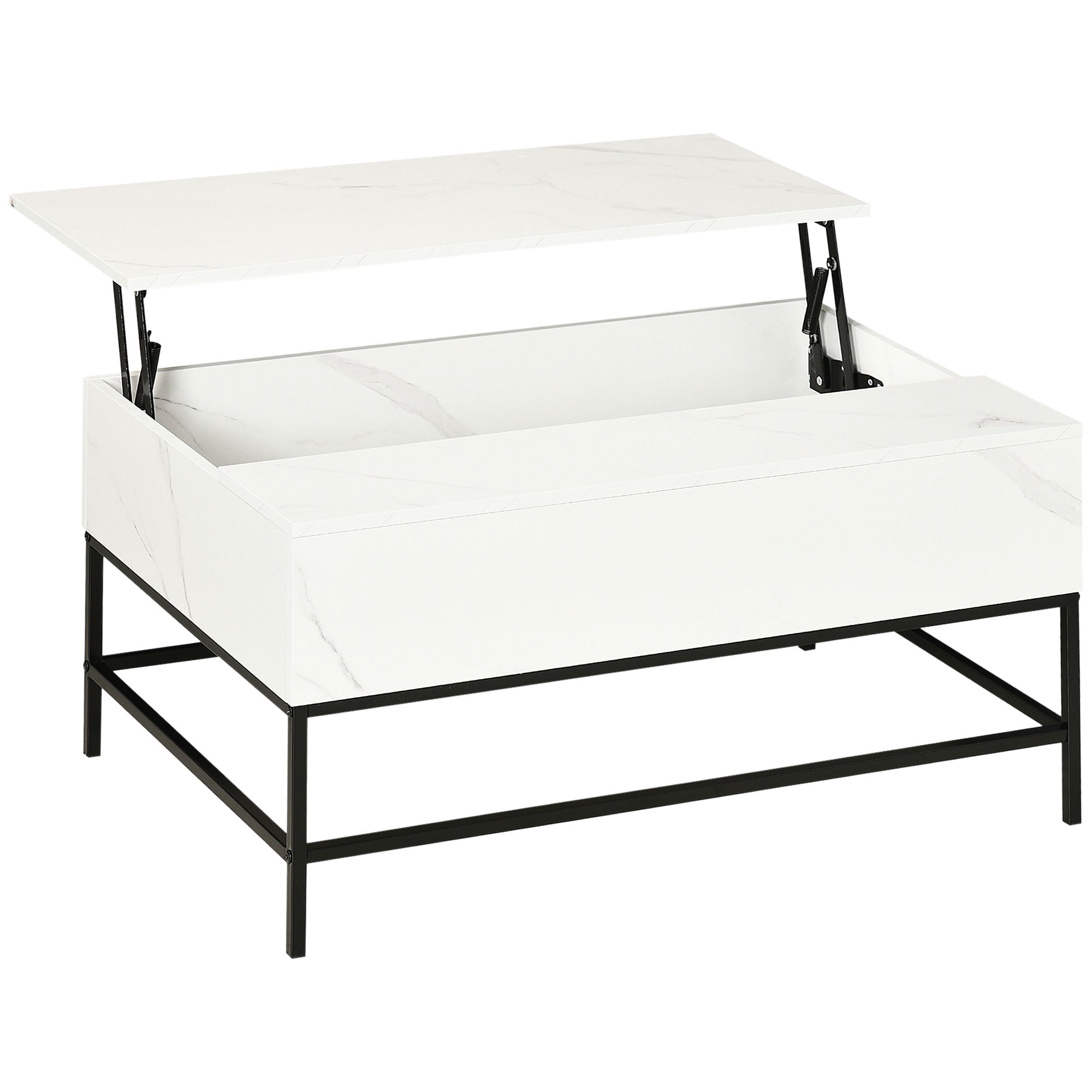 Lift Top Coffee Table With Hidden Storage Compartment & Metal Legs, White
