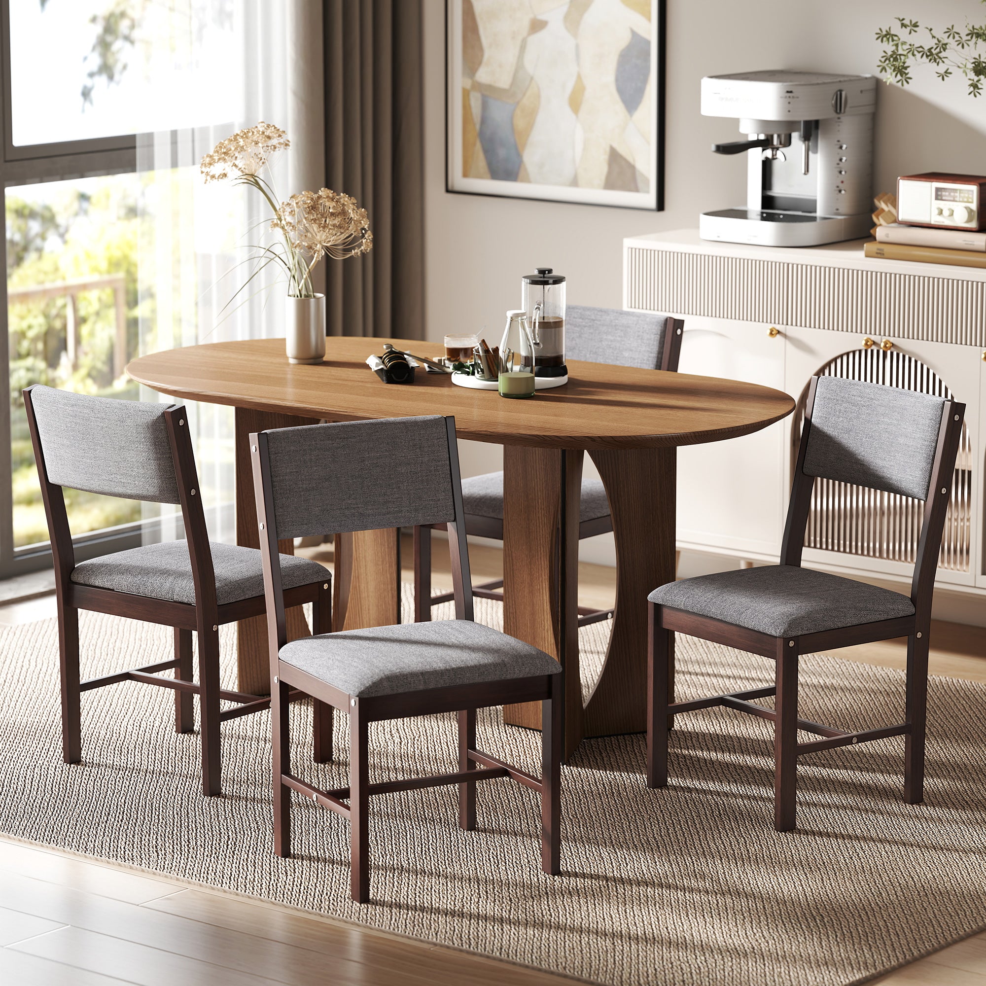 Modern Dining Chairs Set of 4, Linen Fabric Upholstered Kitchen Chairs with Rubberwood Legs for Dining Room, Living Room, Walnut and Gray