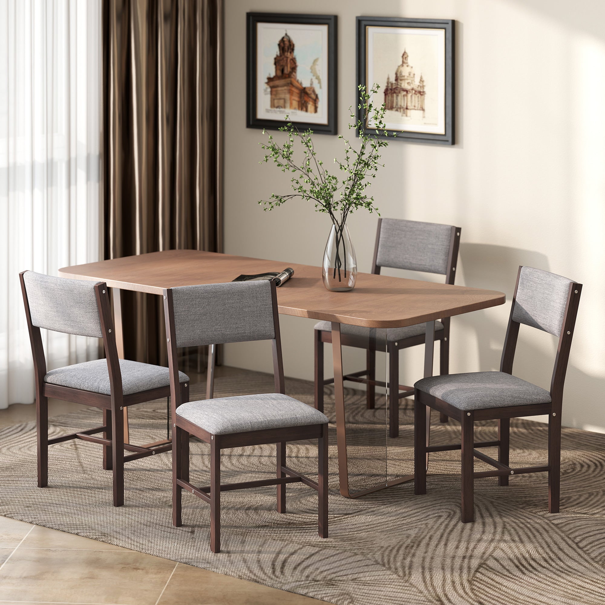 Modern Dining Chairs Set of 4, Linen Fabric Upholstered Kitchen Chairs with Rubberwood Legs for Dining Room, Living Room, Walnut and Gray