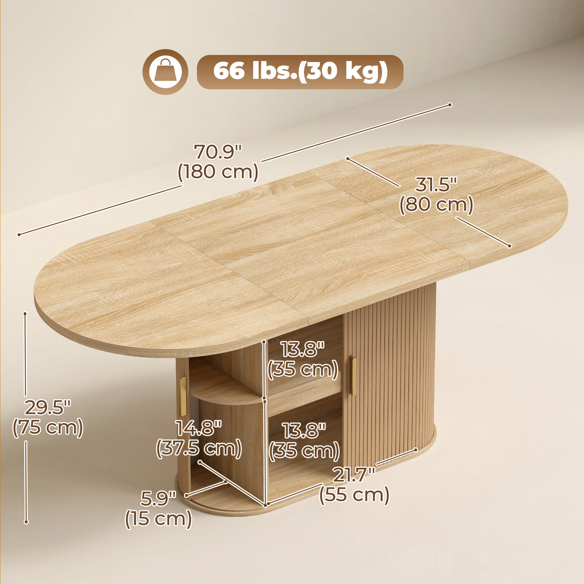 Oval Dining Table for 6 People, Modern Farmhouse Kitchen Table with Thick Tabletop, Under Cabinets and Tambour Sliding Doors for Kitchen, Dining Room, Living Room, Oak