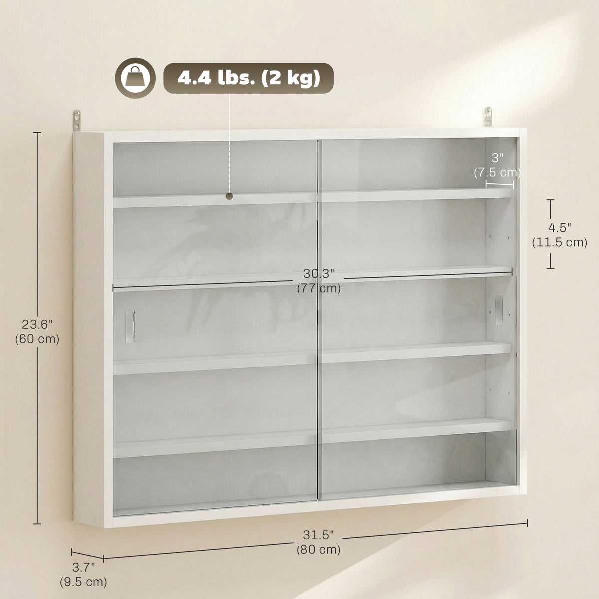 5-Storey Wall Shelf Display Cabinet, Shot Glass Display Case, Glass Curio Cabinet with 2 Glass Doors and 4 Adjustable Shelves, White
