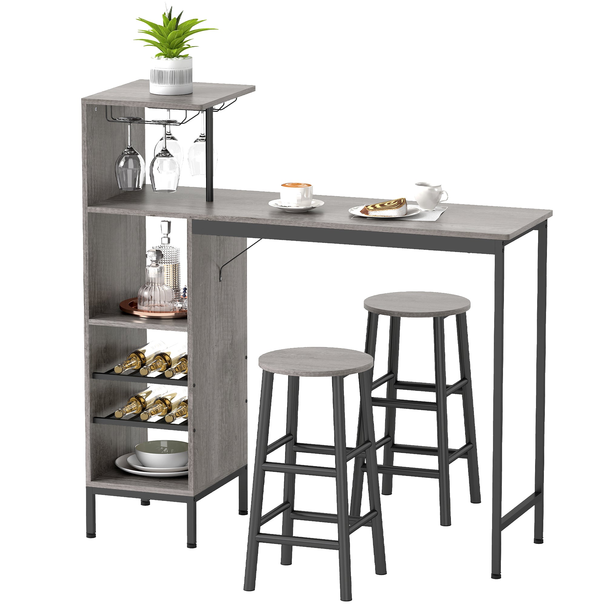 3 Pieces Dining Room Set, 6-Tier Dining Table with Storage Shelves, Wine Racks, Glass Holders, 2 Round Stools with Footrest, for Small Spaces, Kitchen, Dining Room, Natural Wood Finish