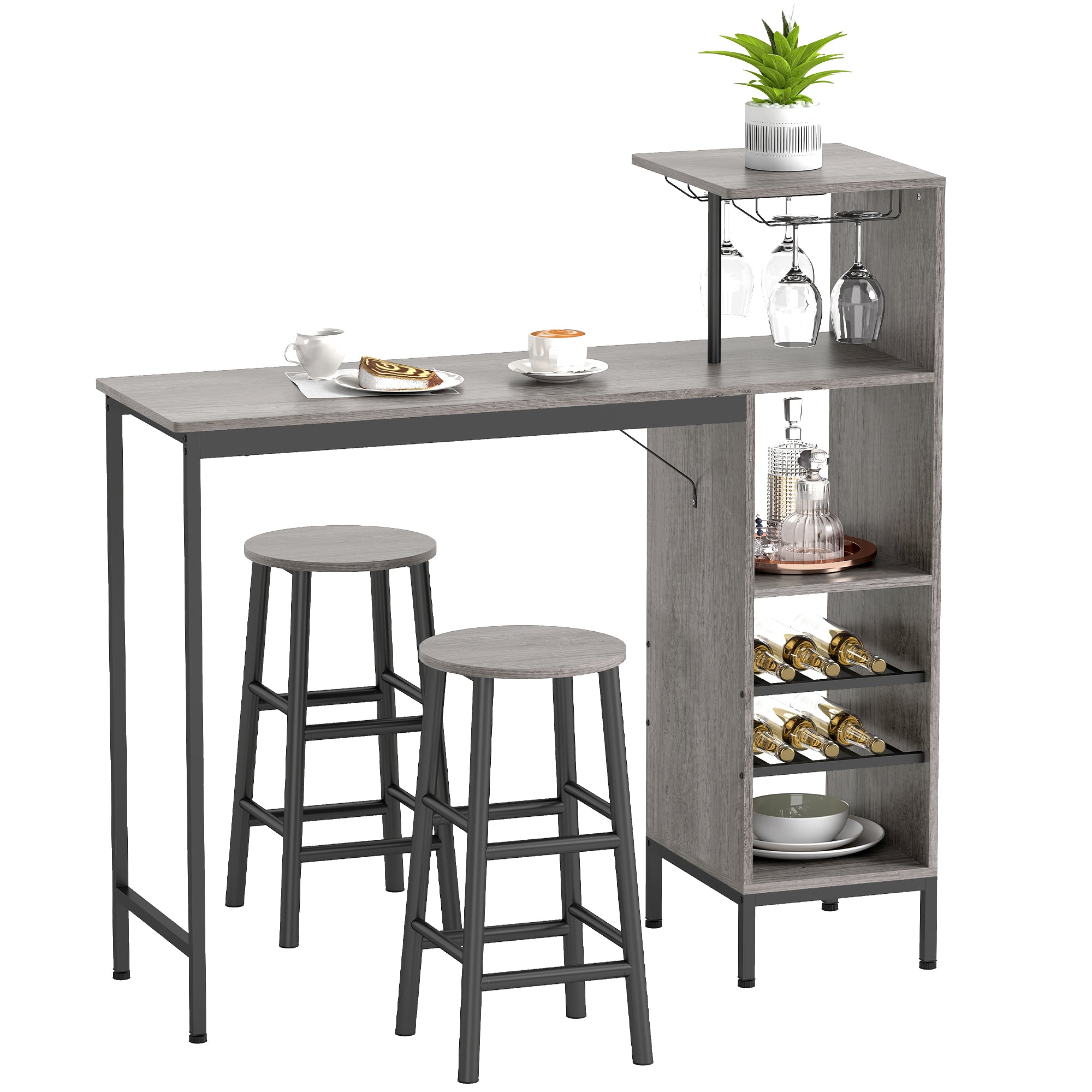 3 Pieces Dining Room Set, 6-Tier Dining Table with Storage Shelves, Wine Racks, Glass Holders, 2 Round Stools with Footrest, for Small Spaces, Kitchen, Dining Room, Natural Wood Finish