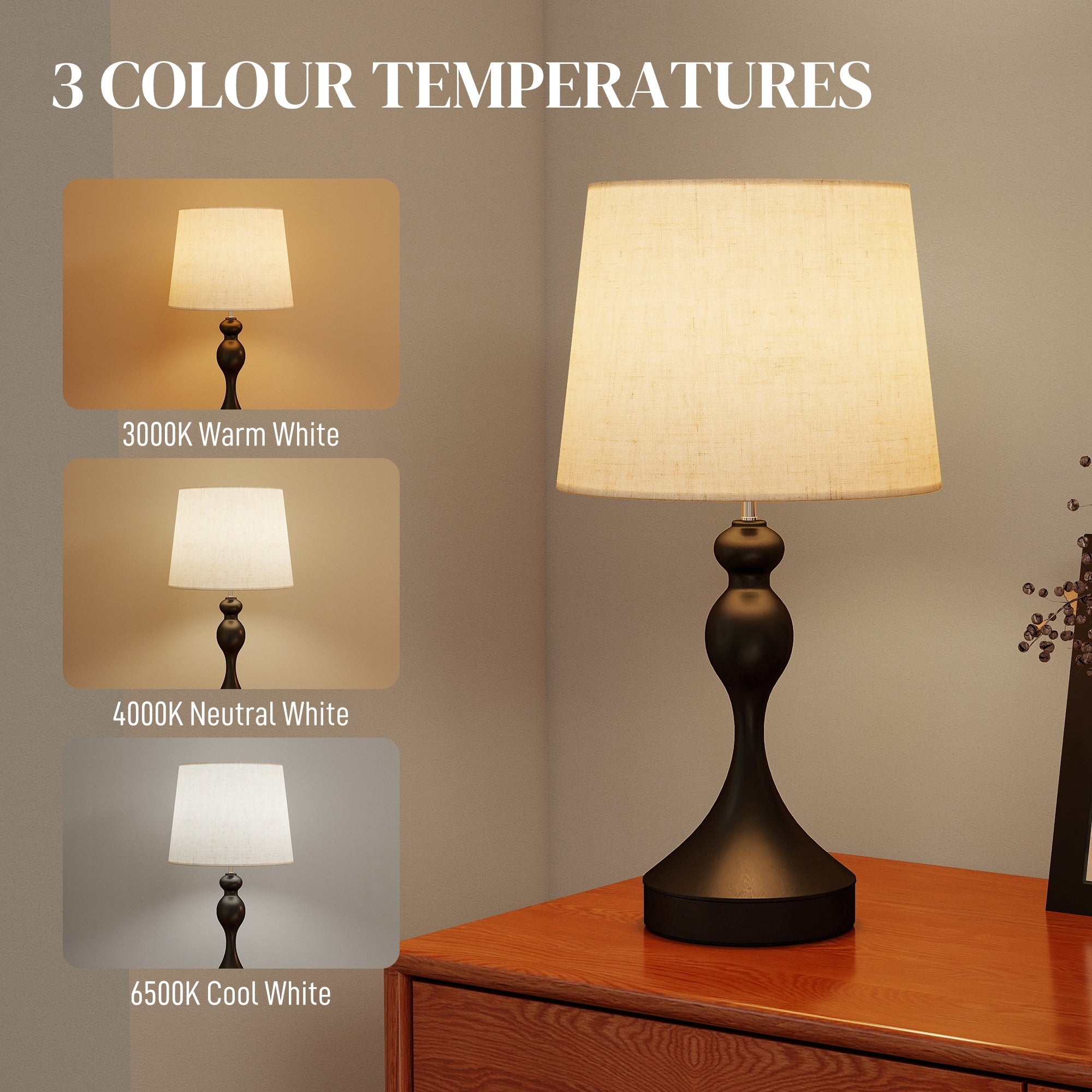 Dimmable Bedside Lamps Set of 2, Modern Table Lamps with 3 Colour Temperatures, USB A+C Charging Ports and Linen Shade for Living Room Bedroom Office, Black