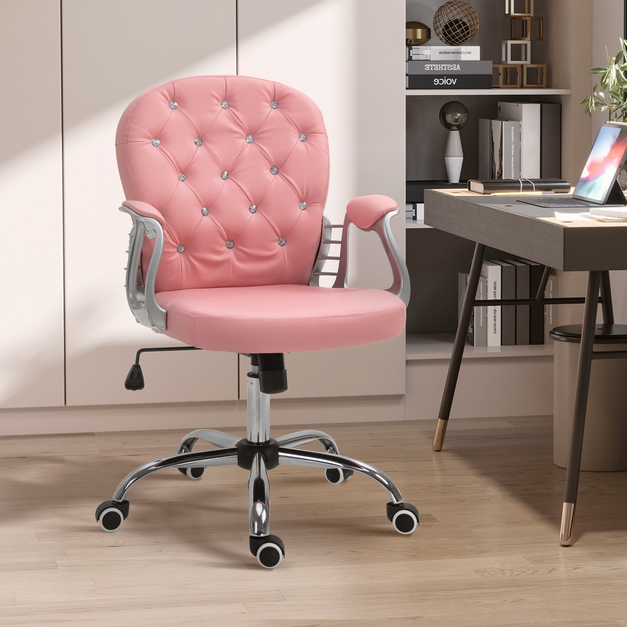PU Leather Button Tufted Desk Chair w/ Padded Armrests & Adjustable Height, Pink