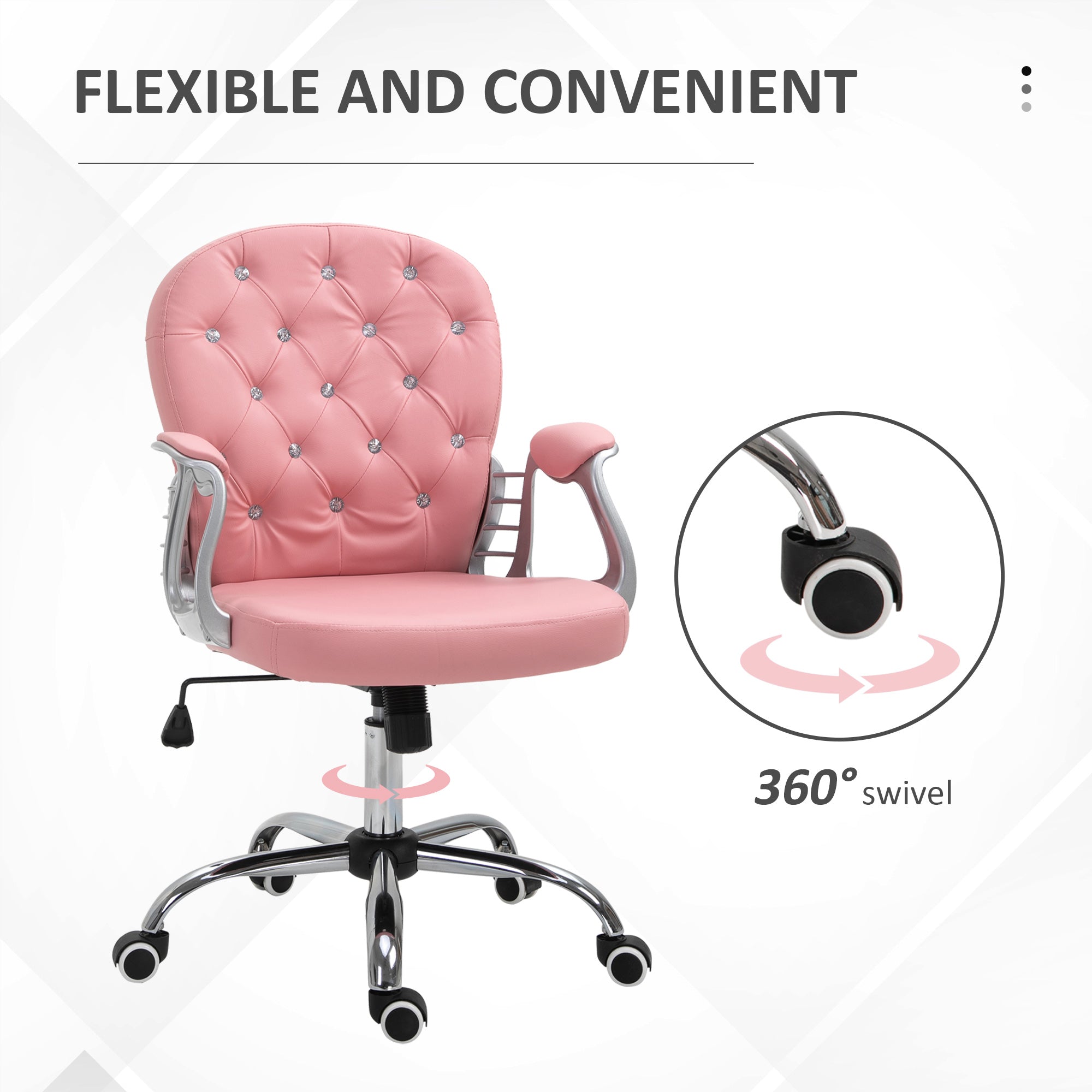 PU Leather Button Tufted Desk Chair w/ Padded Armrests & Adjustable Height, Pink
