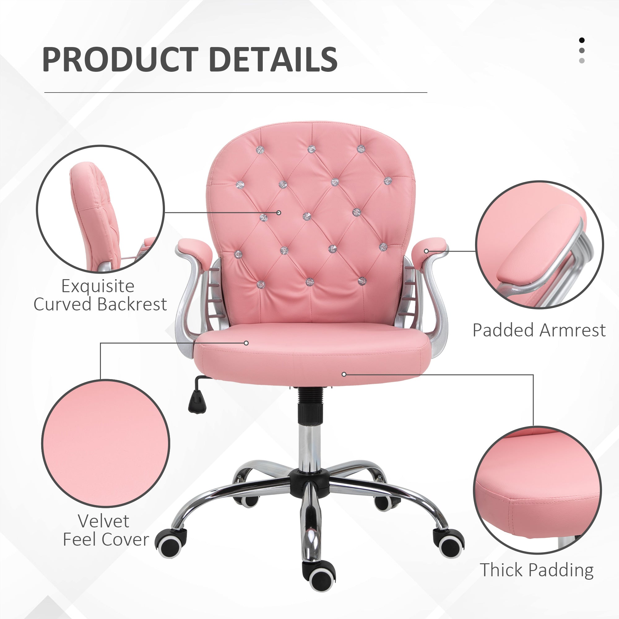 PU Leather Button Tufted Desk Chair w/ Padded Armrests & Adjustable Height, Pink