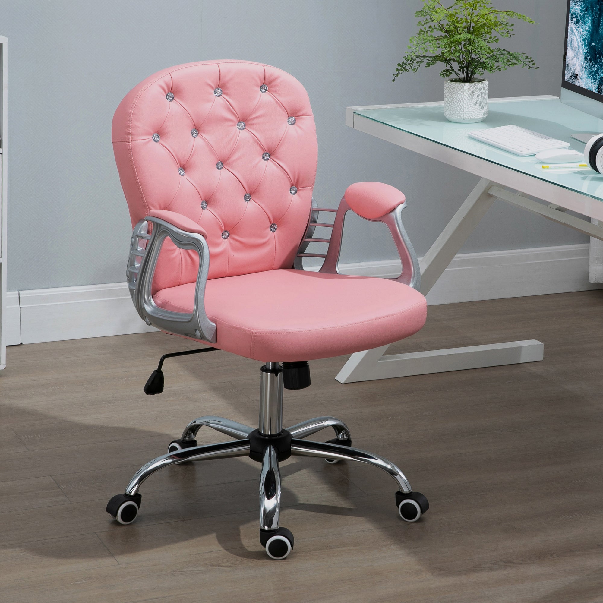 PU Leather Button Tufted Desk Chair w/ Padded Armrests & Adjustable Height, Pink