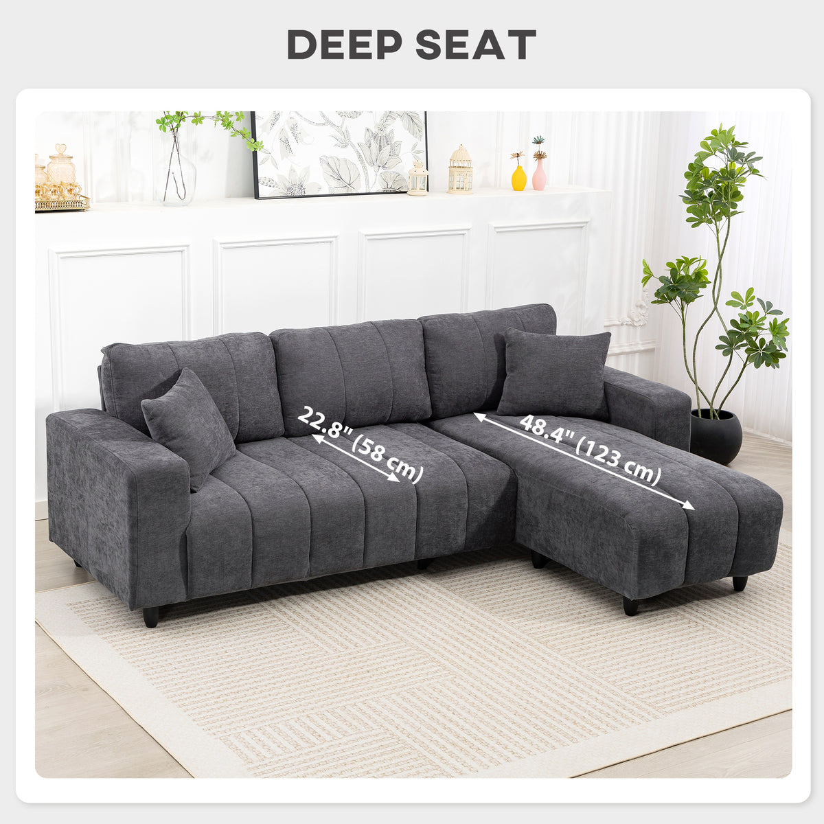 Modular Sectional Sofa with Changeable Chaise, Integrated Seat, 95" Large 3 Seater L-Shaped Sofa with Spring Cushion, 2 Pillows, Steel Frame for Living Room, Charcoal Grey