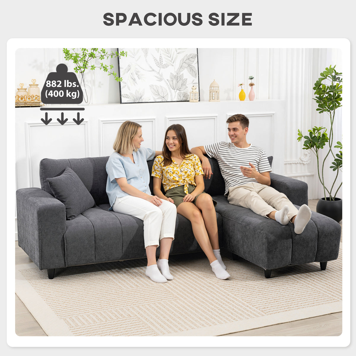 Modular Sectional Sofa with Changeable Chaise, Integrated Seat, 95" Large 3 Seater L-Shaped Sofa with Spring Cushion, 2 Pillows, Steel Frame for Living Room, Charcoal Grey