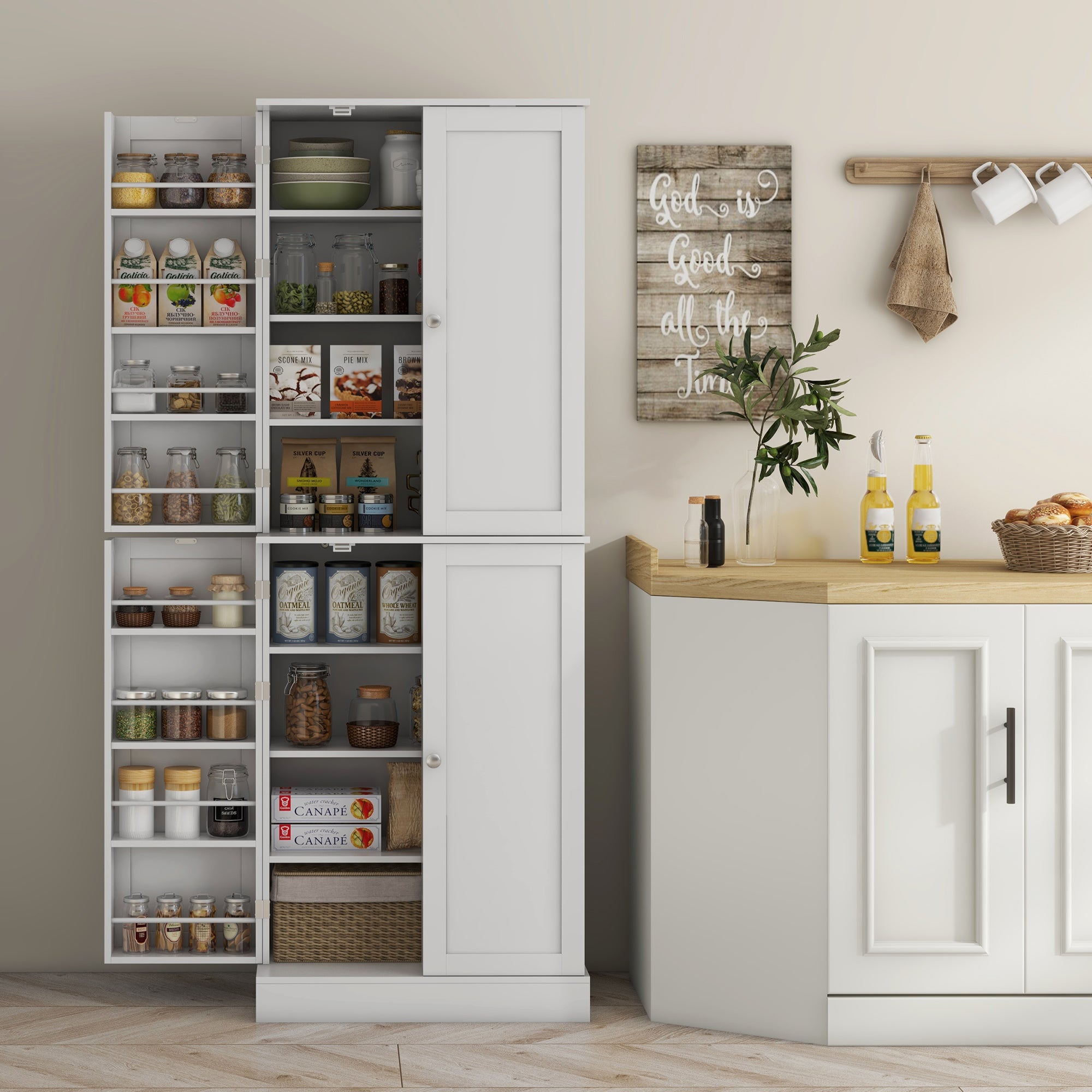 65" Kitchen Pantry Cabinet, Modern Kitchen Pantry with Doors and Shelves, Freestanding Buffet Storage Cabinet with Spice Racks for Dining Room, White