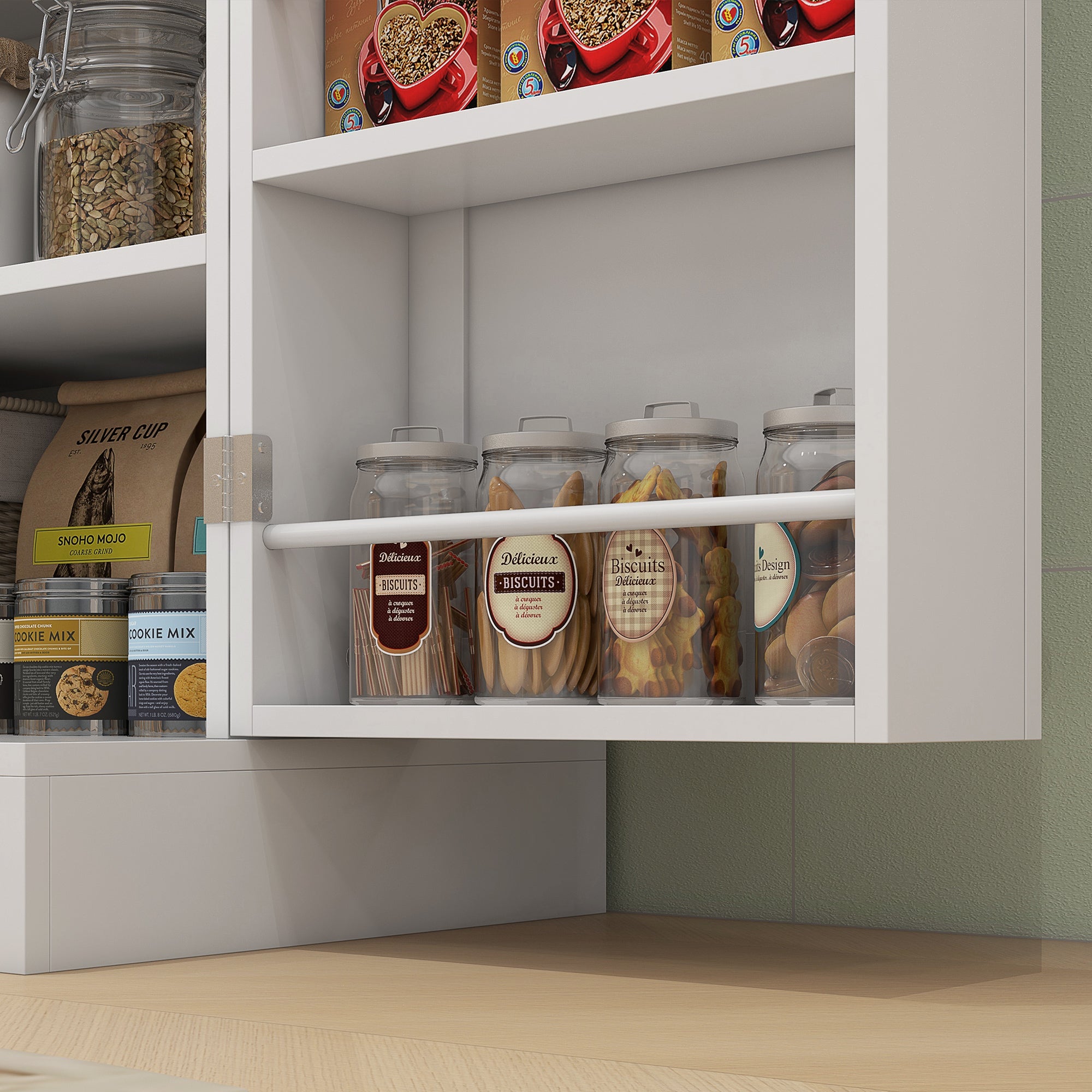 65" Kitchen Pantry Cabinet, Modern Kitchen Pantry with Doors and Shelves, Freestanding Buffet Storage Cabinet with Spice Racks for Dining Room, White