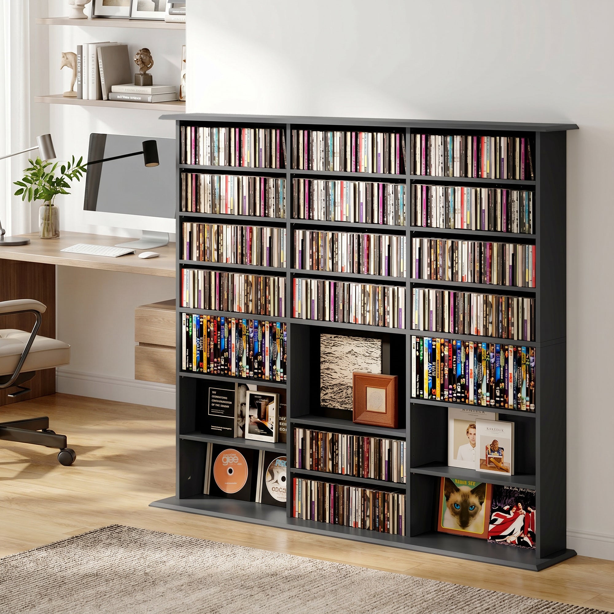 1032 CD/594 DVD Storage Unit, Blu-ray Media Storage Shelf with 24 Compartments and 18 Adjustable Shelves, CD Tower for Living Room, Bedroom, Office, Black