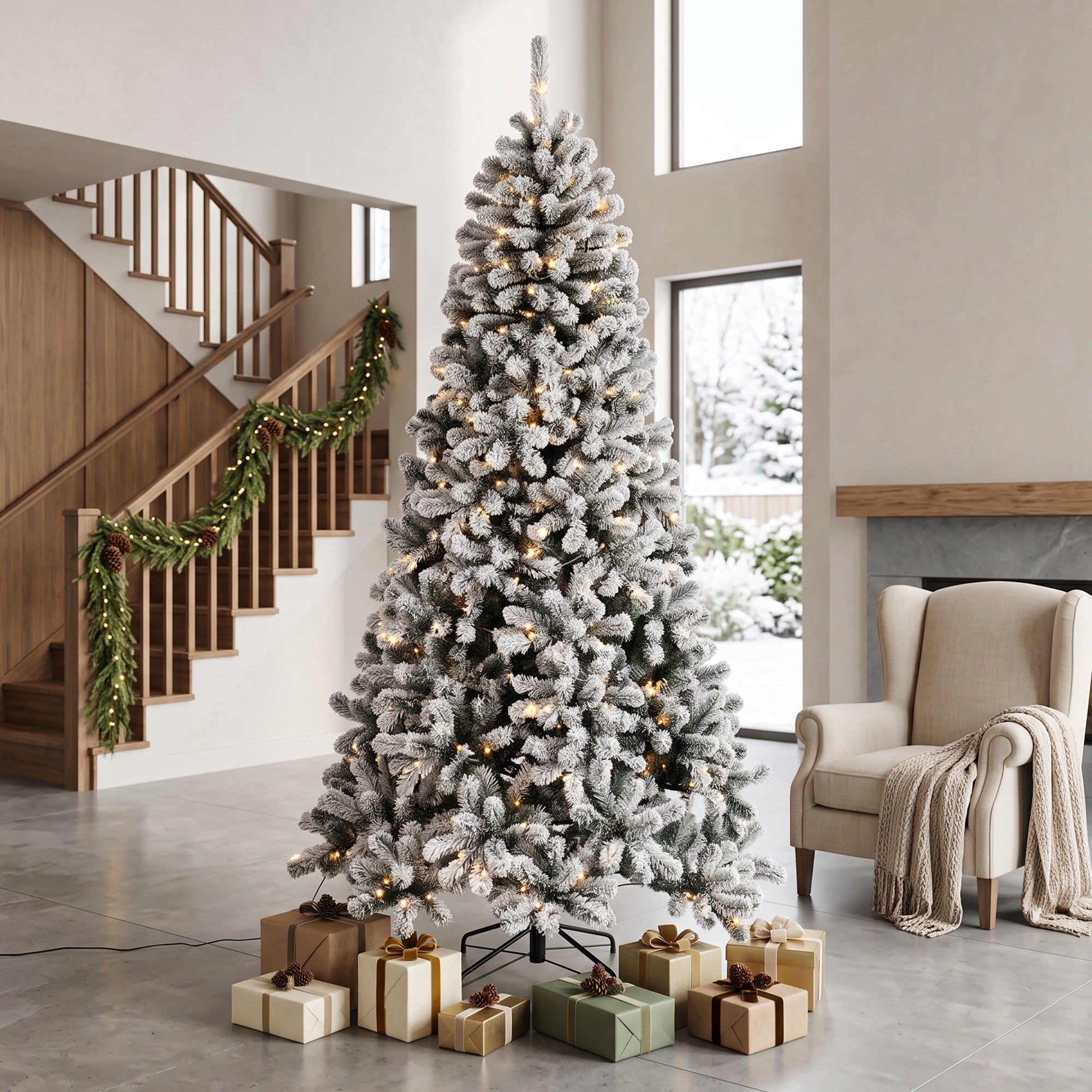 7.5ft Flocked Prelit Christmas Tree, Northern Pine, Artificial Xmas Tree with 1201 Curved Tips, 350 LEDs, Foldable Steel Base, Green White
