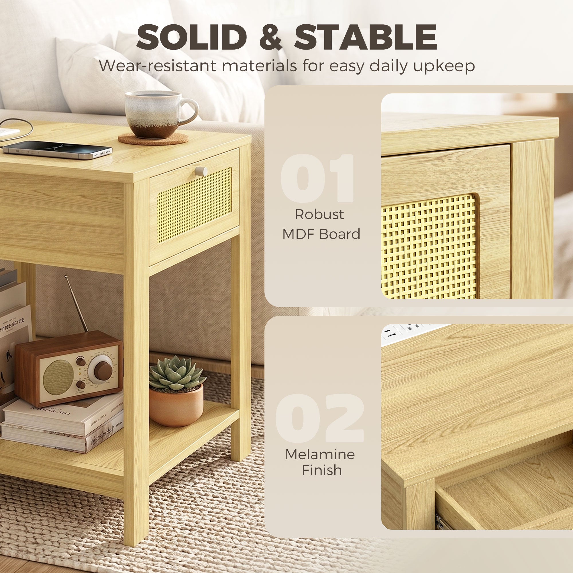 End Table Set of 2 with Charging Station, Bed Side Tables Set with Drawer, Open Storage Shelf, Rattan-Like Drawer Front, Modern Farmhouse for Living Room, Natural Wood