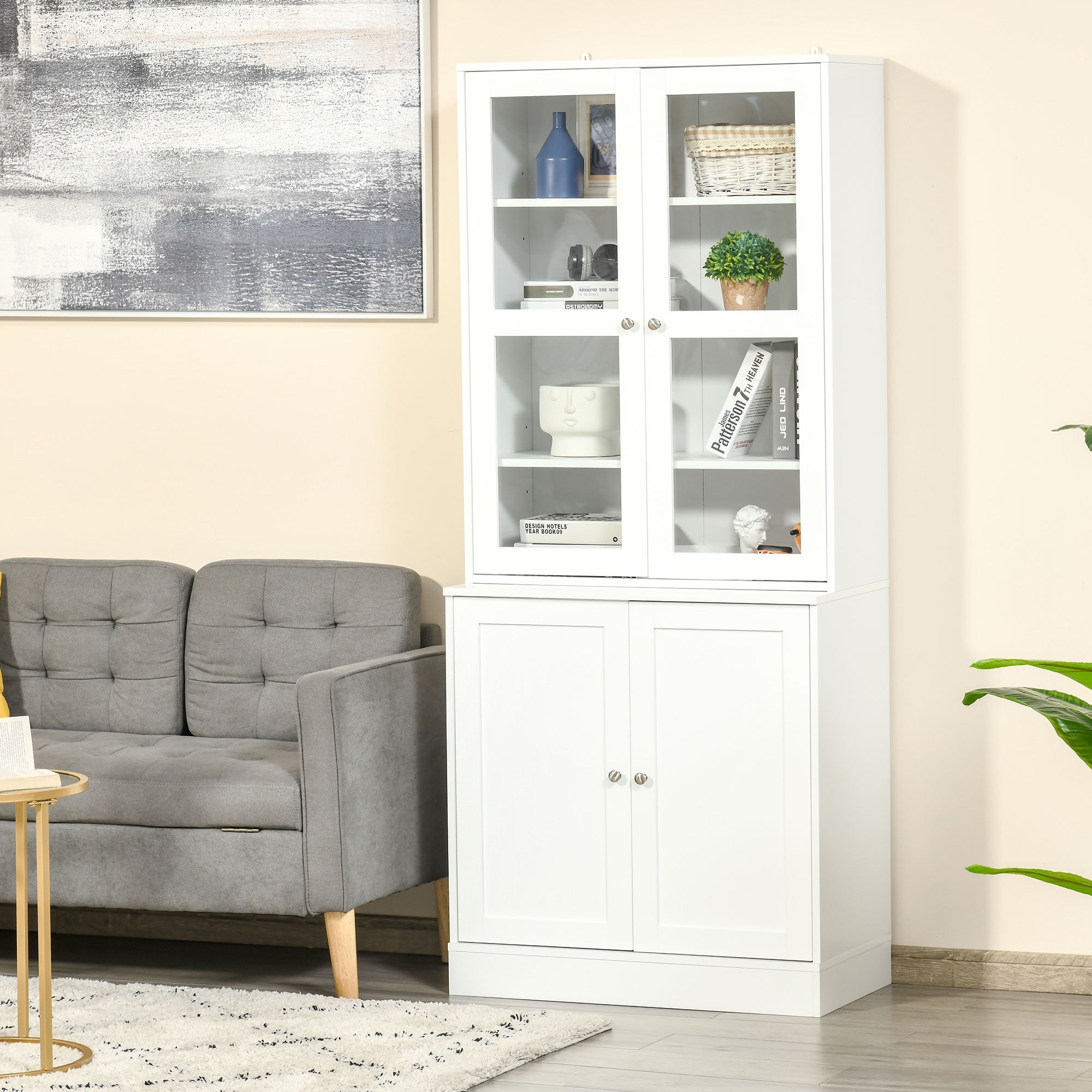 HOMCOM Modern Bookcase with Glass Doors, Display Storage Cabinet with Adjustable Shelves for Living Room, Study, Office, White
