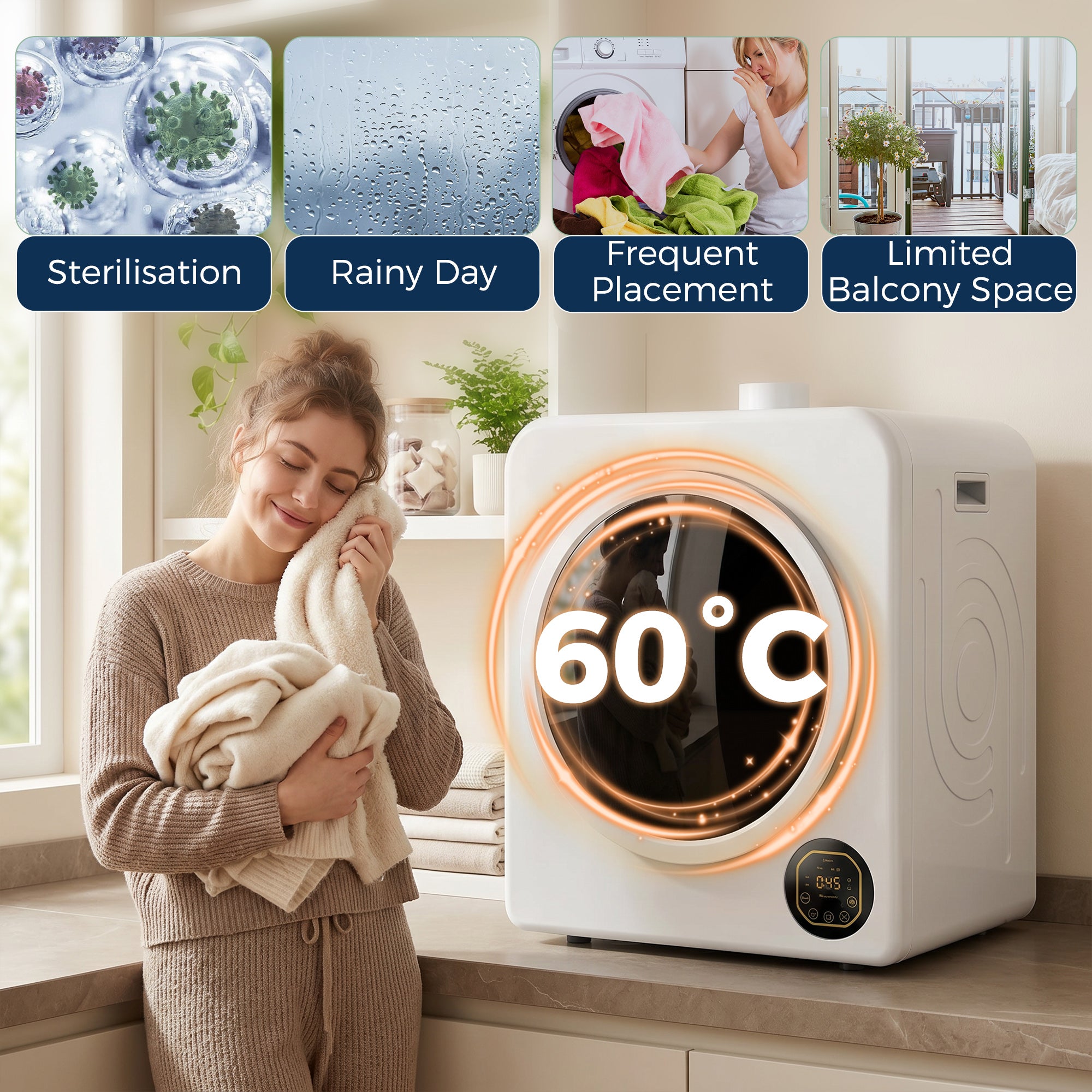 Electric Portable Clothes Dryer, 18 lbs Compact Laundry Dryer 1300W with Stainless Steel Tub, Touch Panel, 6 Drying Modes, Front Load Drying Machine for Apartments, Dorms