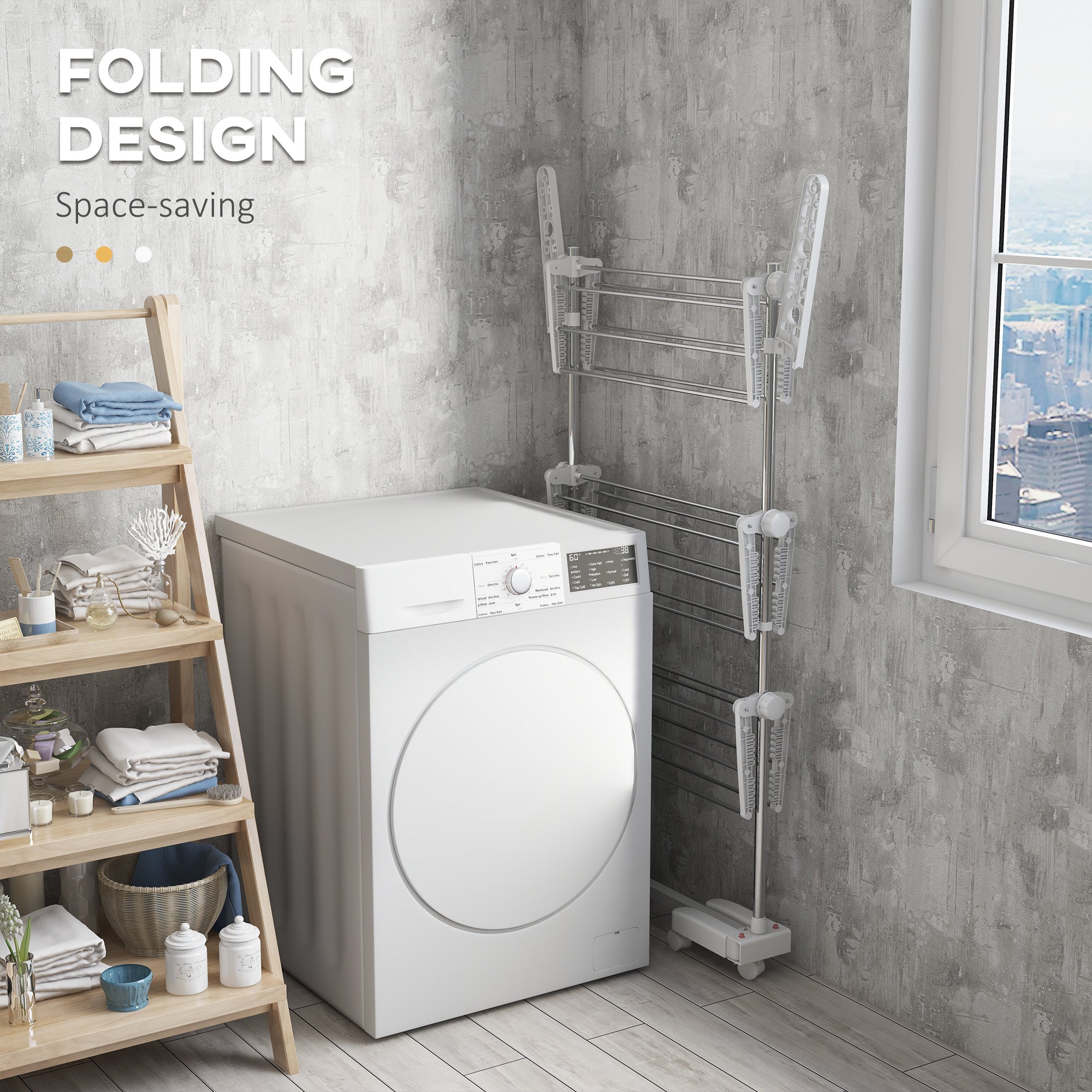 HOMCOM 3-Tier Clothes Airer, Foldable Clothes Drying Rack, Stainless Steel Indoor and Outdoor Clothes Dryer with Wheels and Wings, Easy Assembly, 142 x 55 x 152cm, White