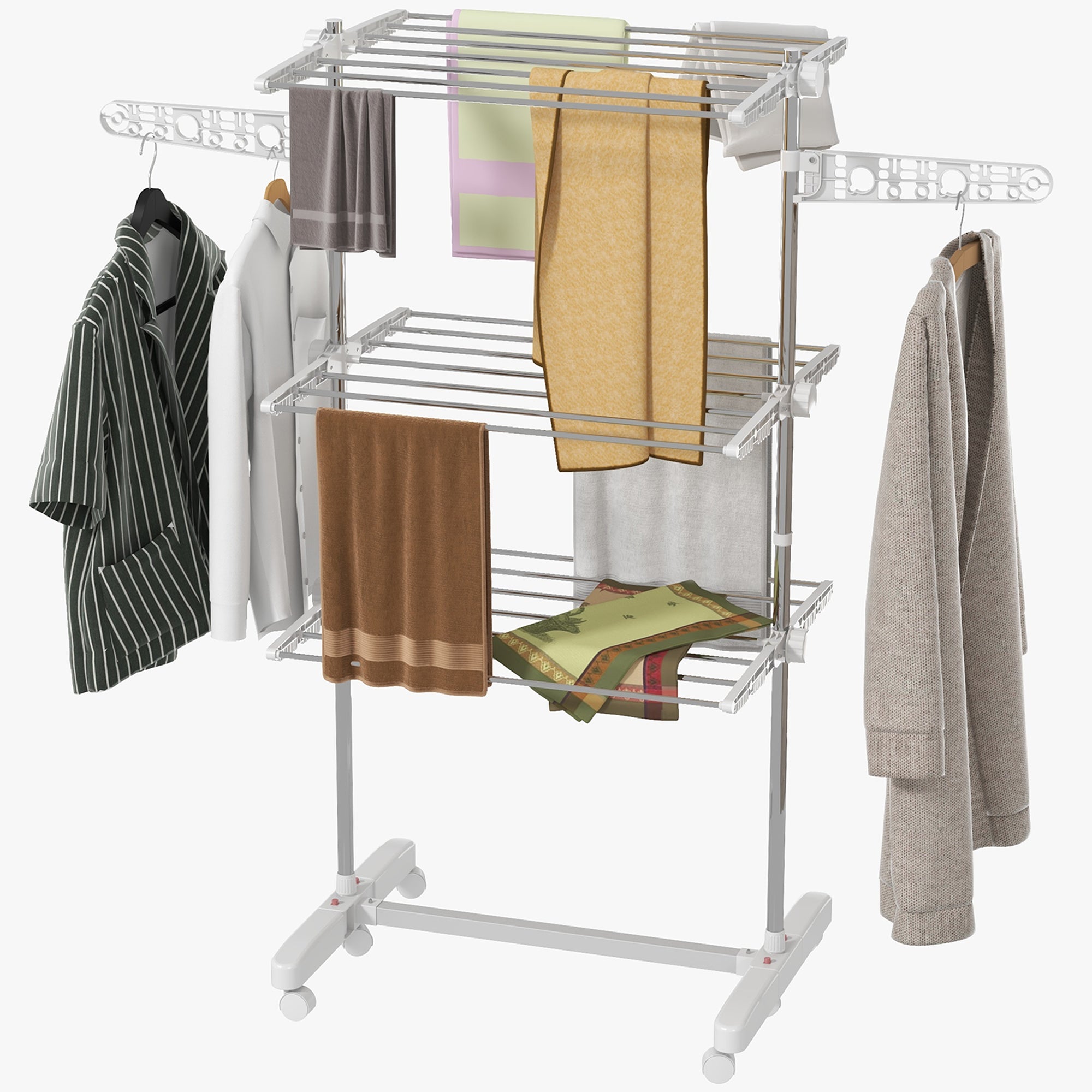 HOMCOM 3-Tier Clothes Airer, Foldable Clothes Drying Rack, Stainless Steel Indoor and Outdoor Clothes Dryer with Wheels and Wings, Easy Assembly, 142 x 55 x 152cm, White