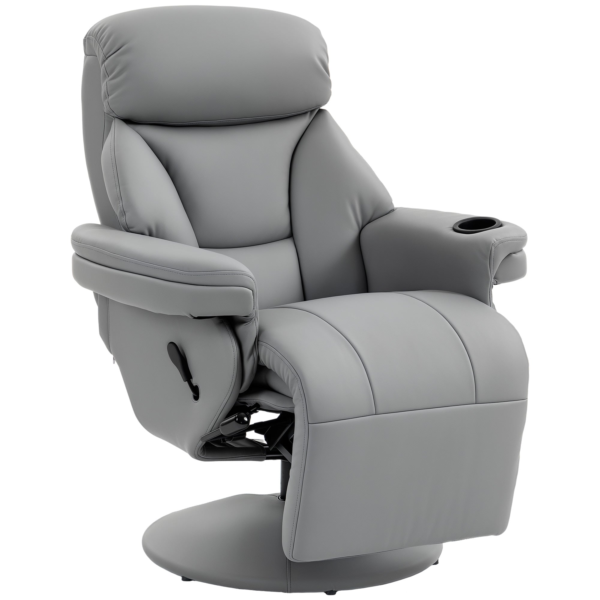 Manual Recliner Chair with Footrest, Upholstered Reclining Armchair with Adjustable Backrest and Cup Holder, PU Leather Swivel Chair for Living Room, Bedroom, Grey