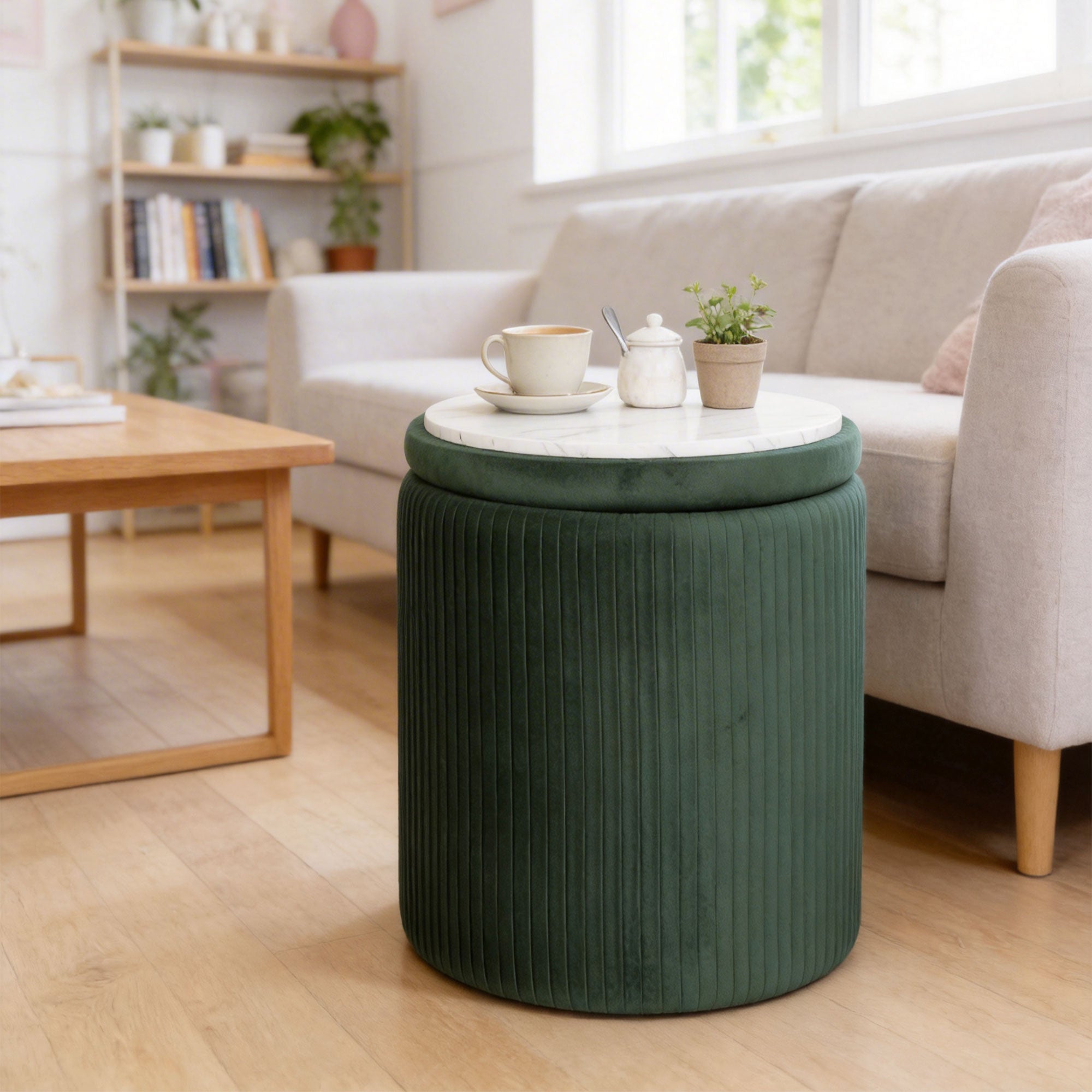 Round Storage Ottoman, Velvet-feel Fabric Upholstered Foot Stool with Removable Top, Padded Seat and Hidden Space for Living Room, Bedroom, Dark Green