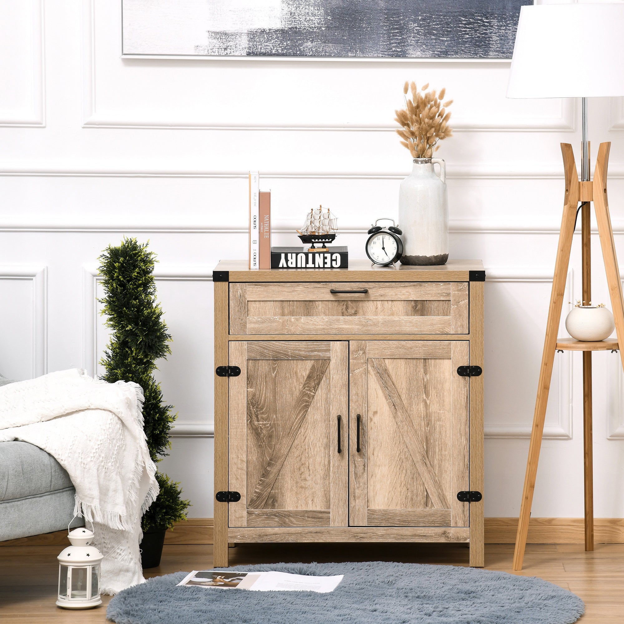 Modern Farmhouse Sideboard with Storage Buffet Cabinet with 2 Barn Doors and Drawer Oak