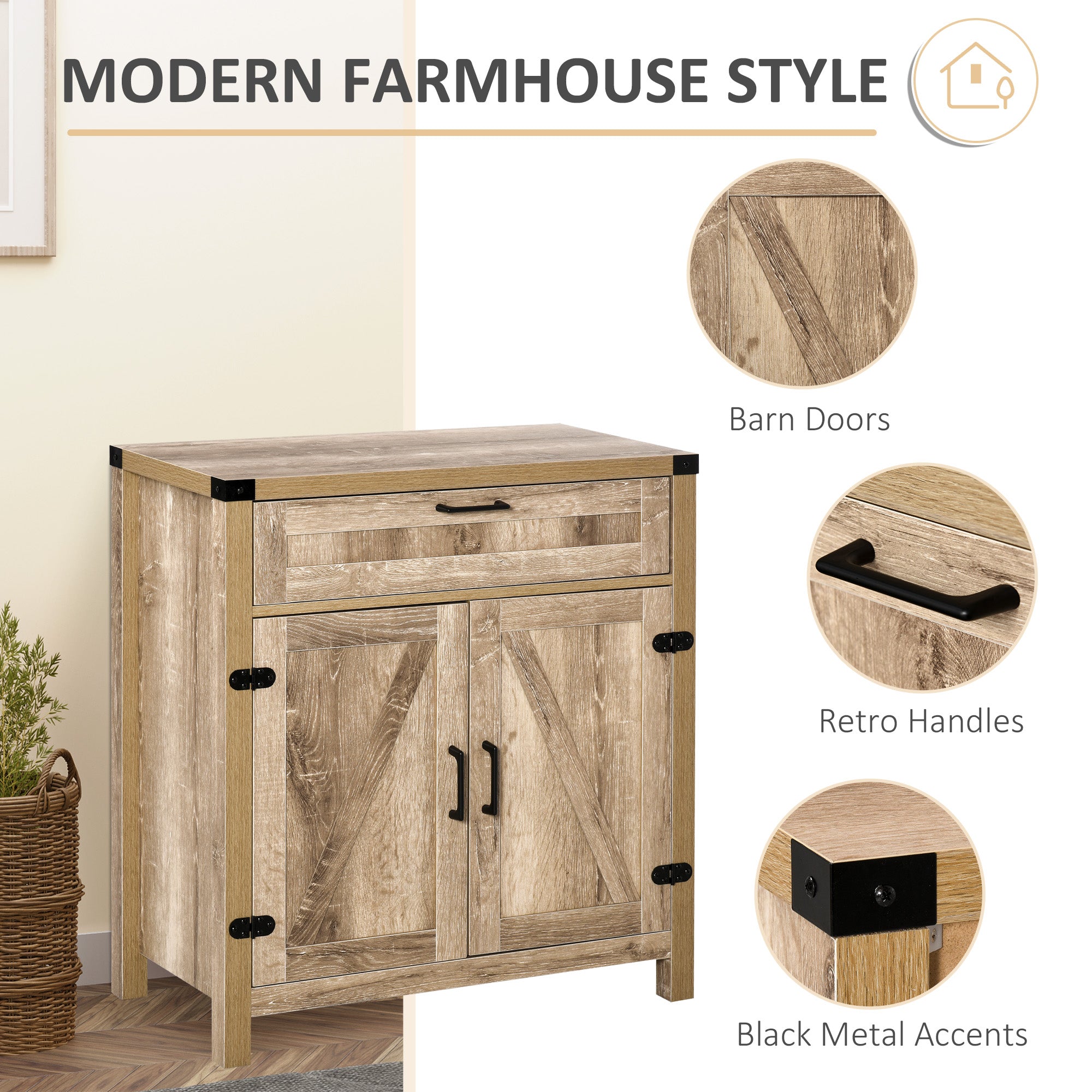 Modern Farmhouse Sideboard with Storage Buffet Cabinet with 2 Barn Doors and Drawer Oak