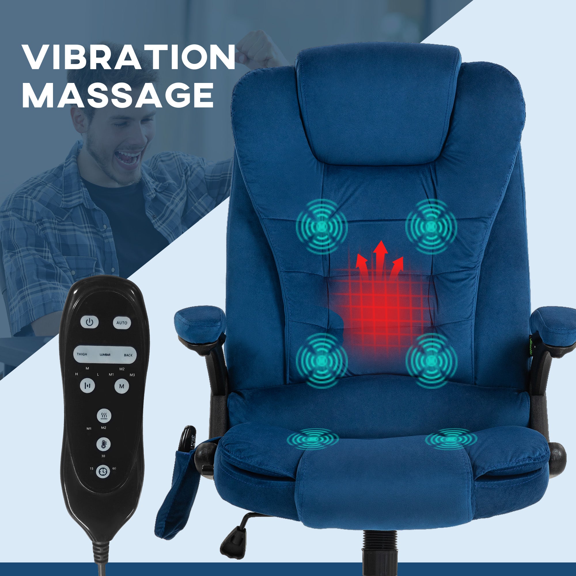 6 Points Heated Executive Office Chair, Velvet High Back Massage Office Chair, Drak Blue