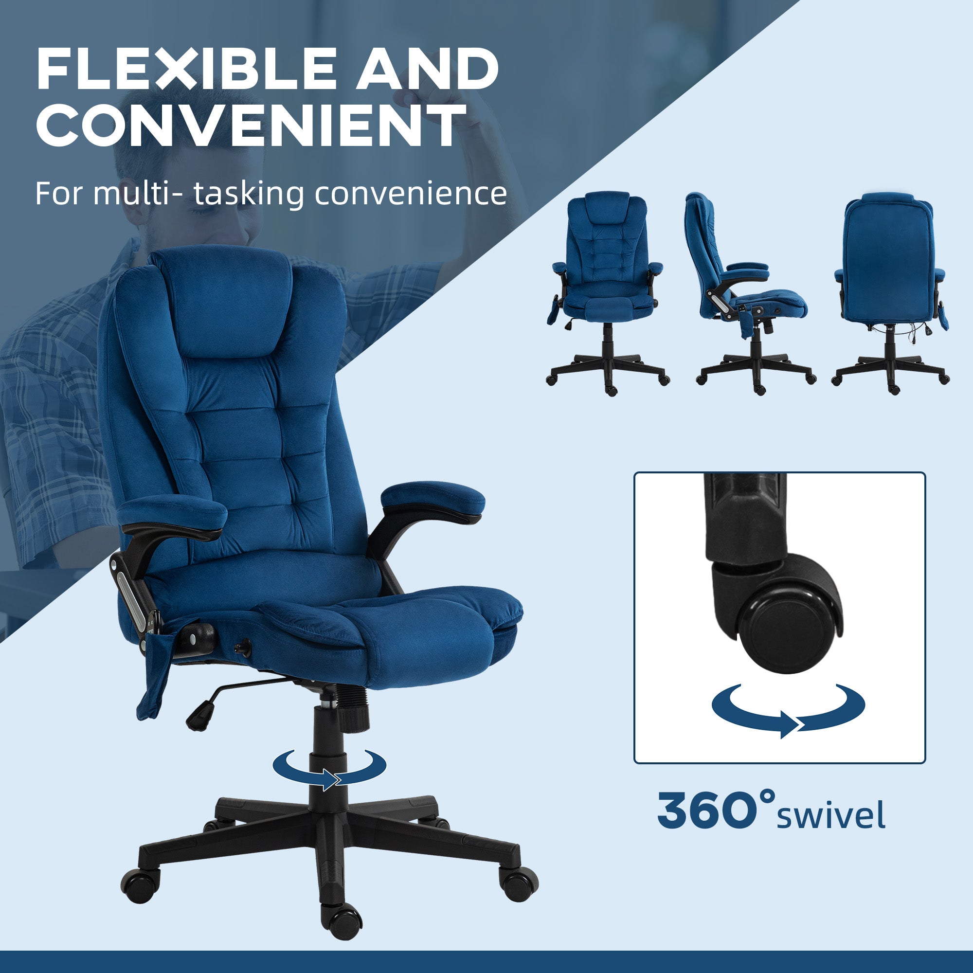 6 Points Heated Executive Office Chair, Velvet High Back Massage Office Chair, Drak Blue