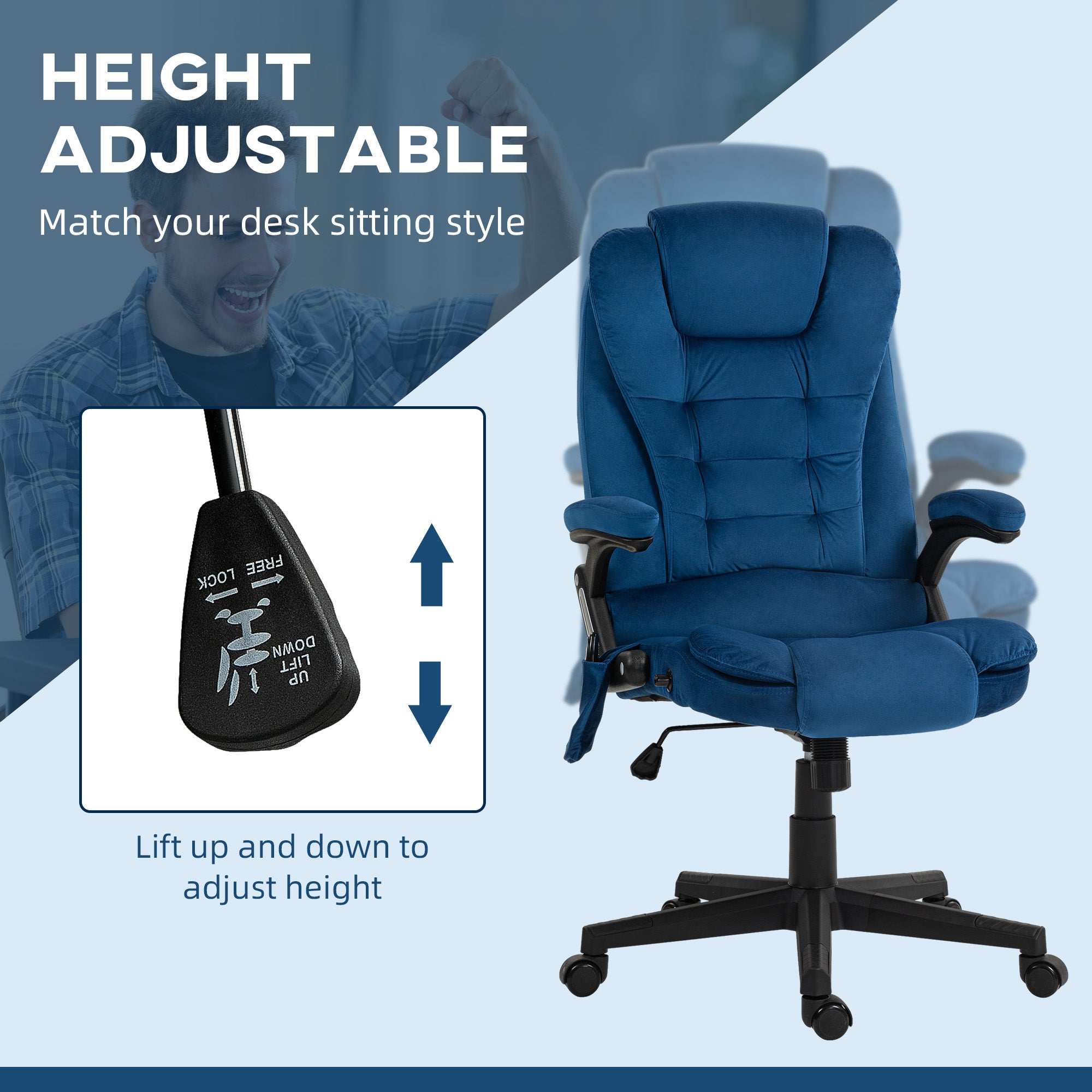 6 Points Heated Executive Office Chair, Velvet High Back Massage Office Chair, Drak Blue