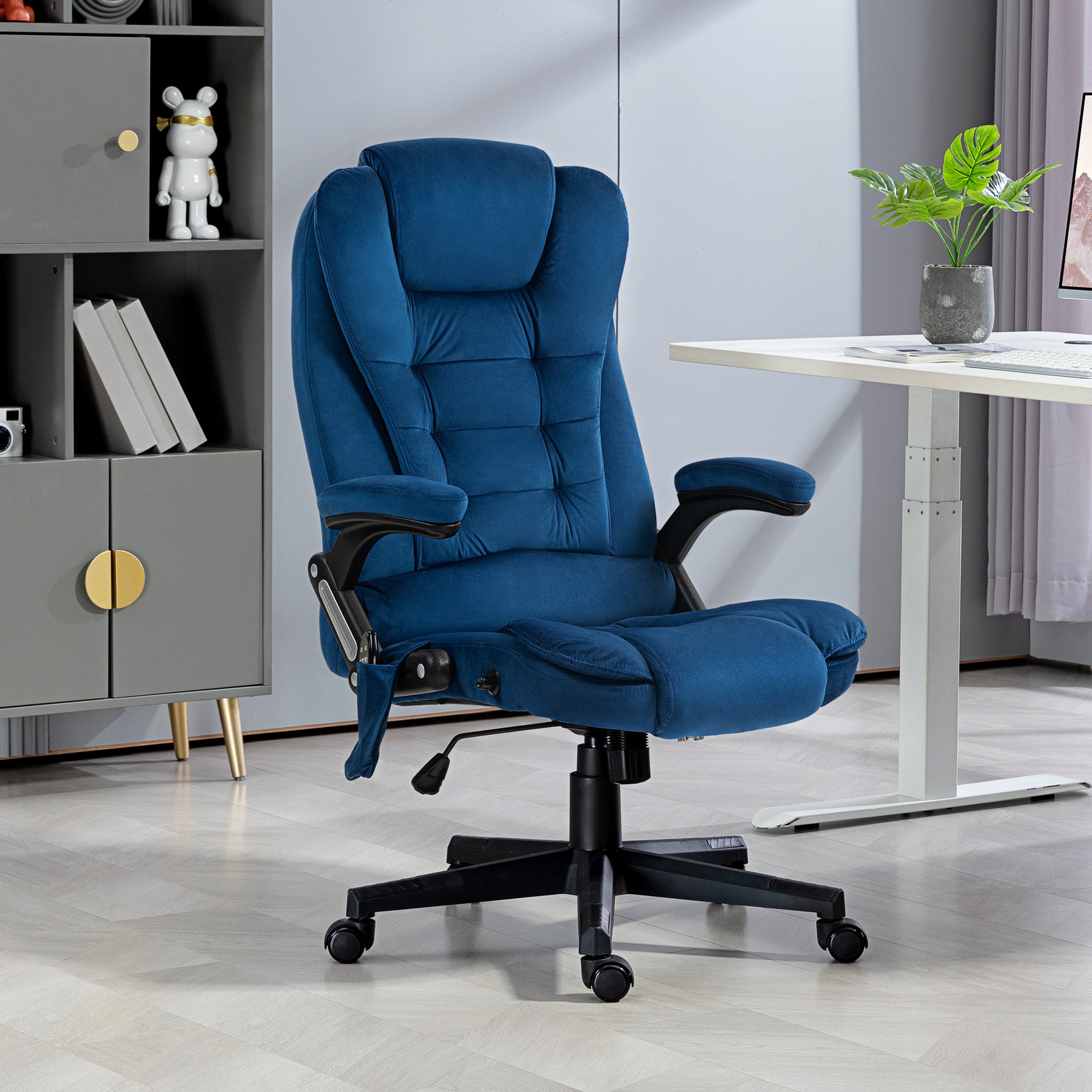 6 Points Heated Executive Office Chair, Velvet High Back Massage Office Chair, Drak Blue