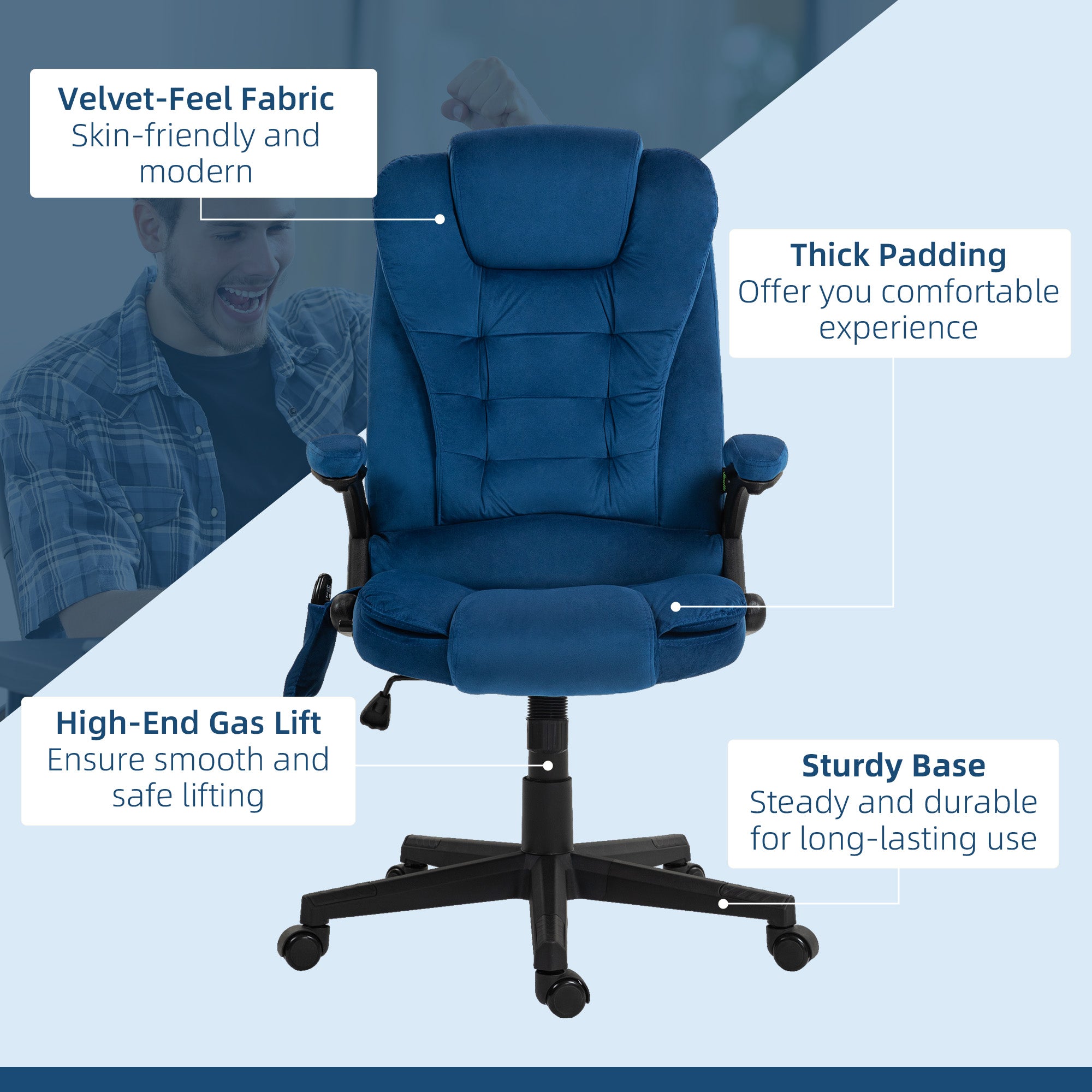 6 Points Heated Executive Office Chair, Velvet High Back Massage Office Chair, Drak Blue