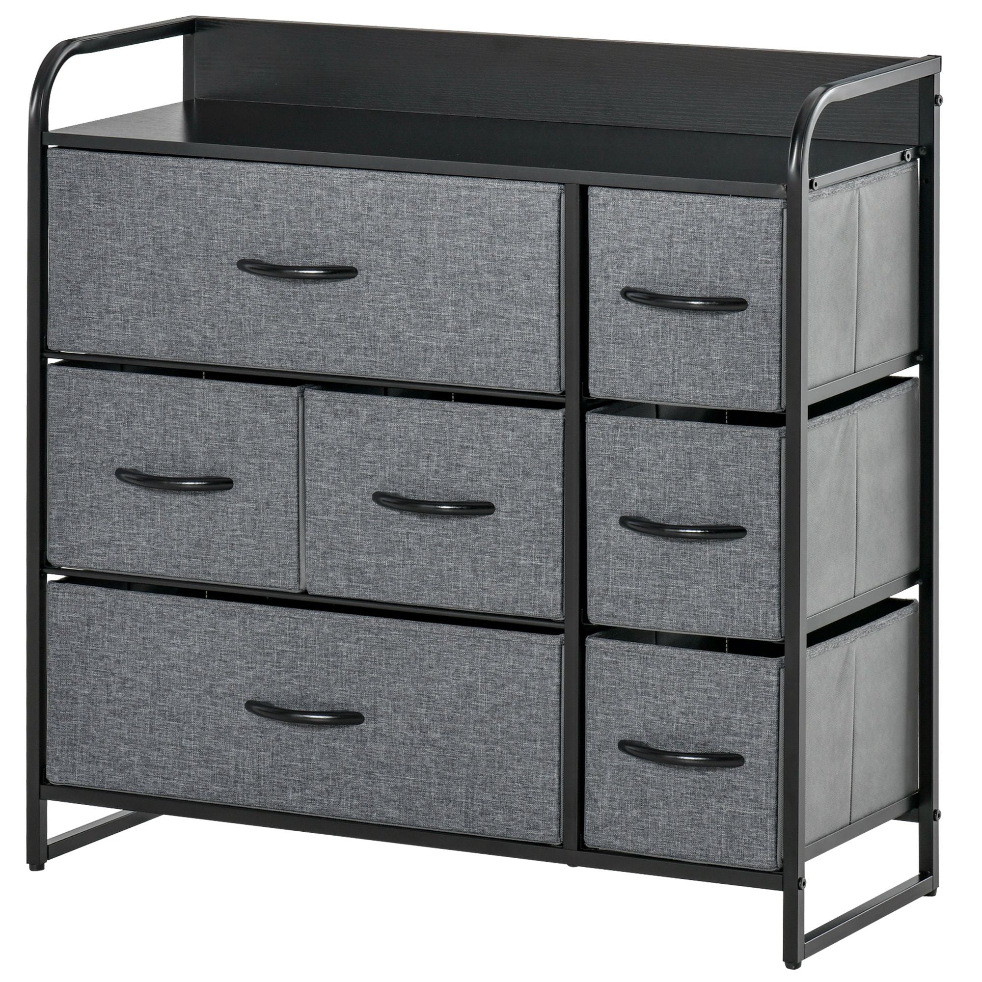 7-Drawer Dresser, Fabric Chest of Drawers, 3-Tier Storage Organizer for Bedroom Entryway, Tower Unit with Steel Frame Wooden Top, Dark Gray