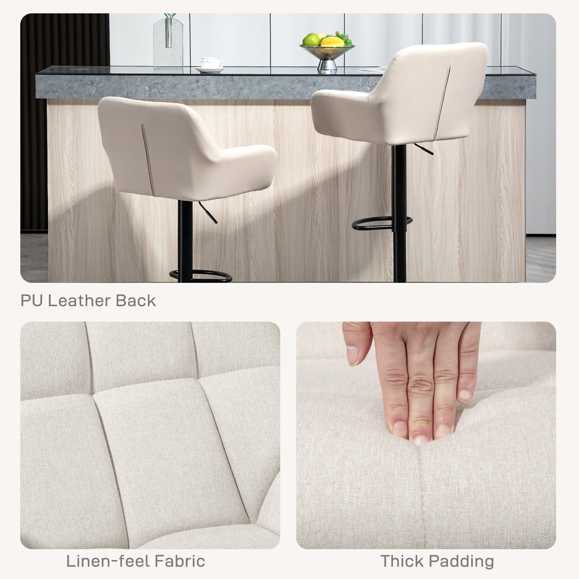 HOMCOM Adjustable Bar Stools Set of 2, Swivel Tufted Linen Fabric Barstools with Footrest and Armrests, Bar Chairs for Kitchen Counter and Dining Room, Cream White