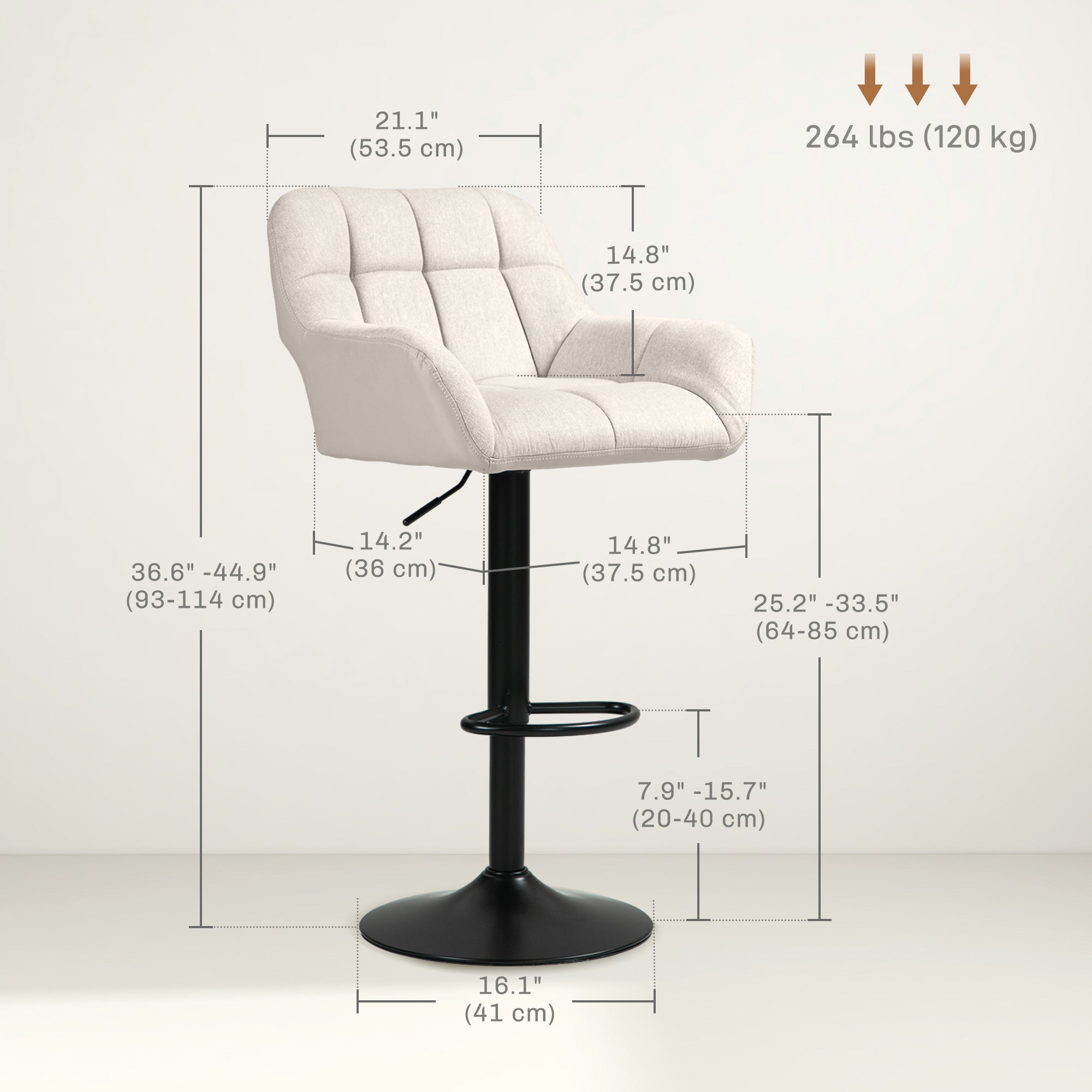 HOMCOM Adjustable Bar Stools Set of 2, Swivel Tufted Linen Fabric Barstools with Footrest and Armrests, Bar Chairs for Kitchen Counter and Dining Room, Cream White