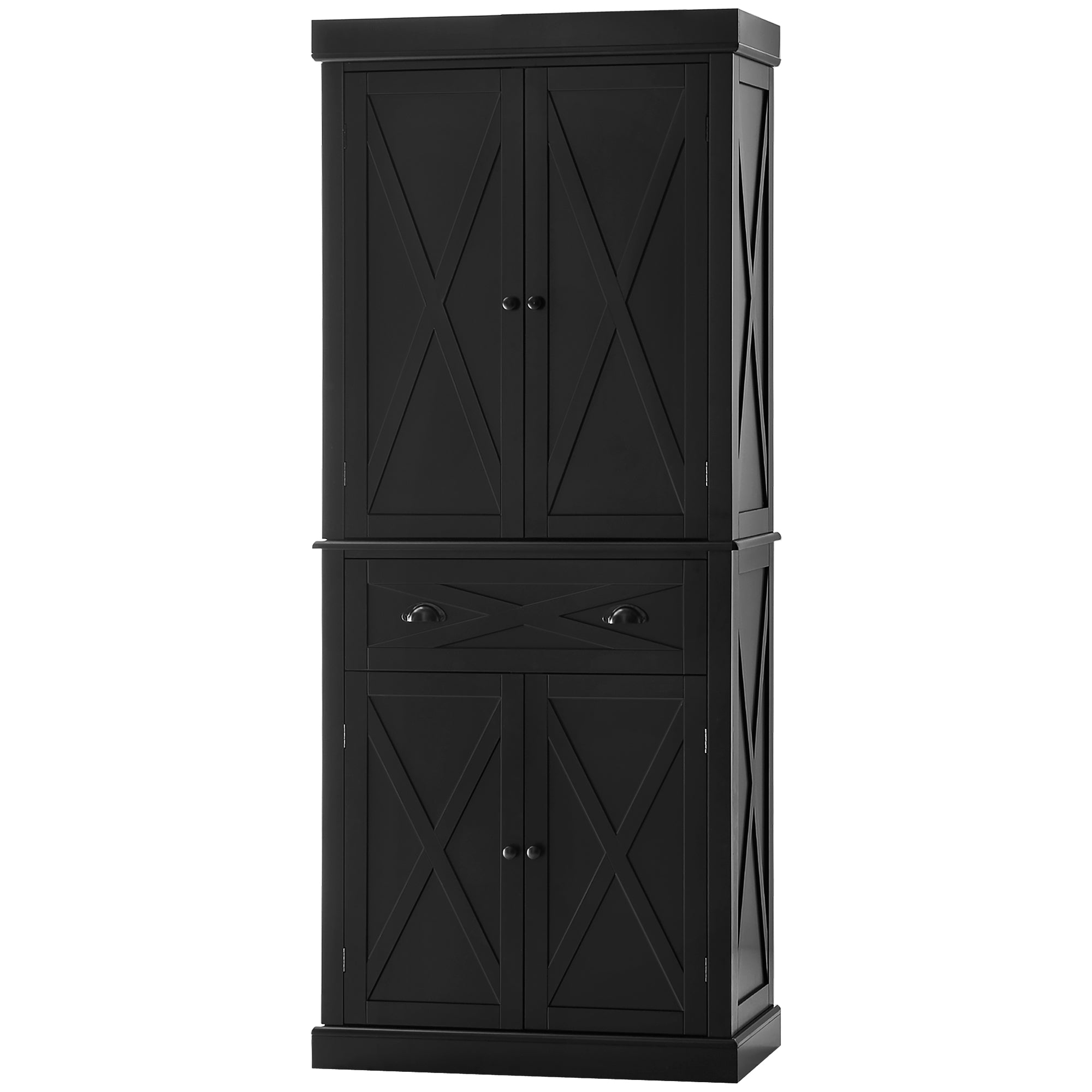 72" Kitchen Pantry Storage Cabinet, Freestanding Cupboard w/ 4 Doors & 2 Shelves, Black